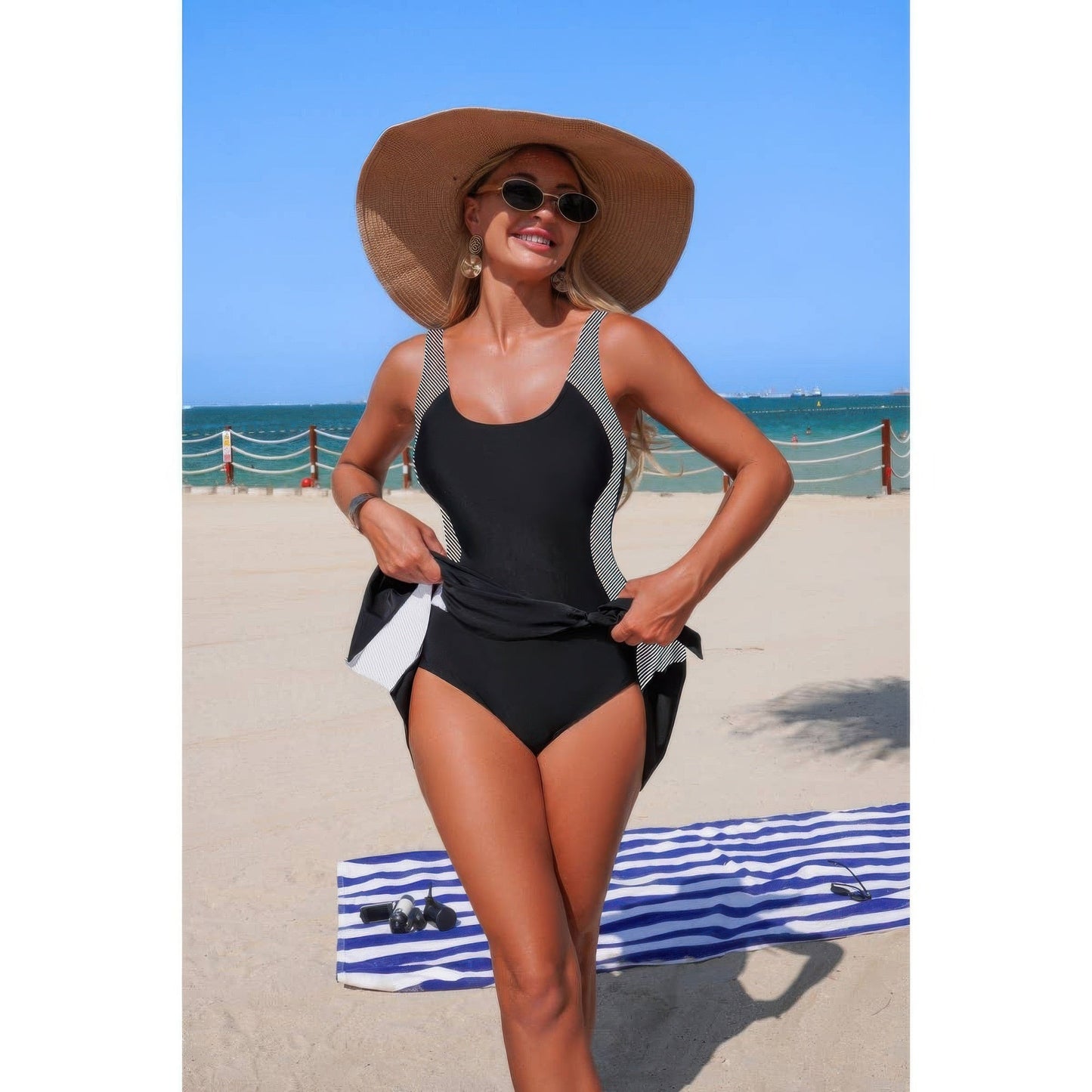 One Piece Patchwork Tie Up Stretch Swimsuit