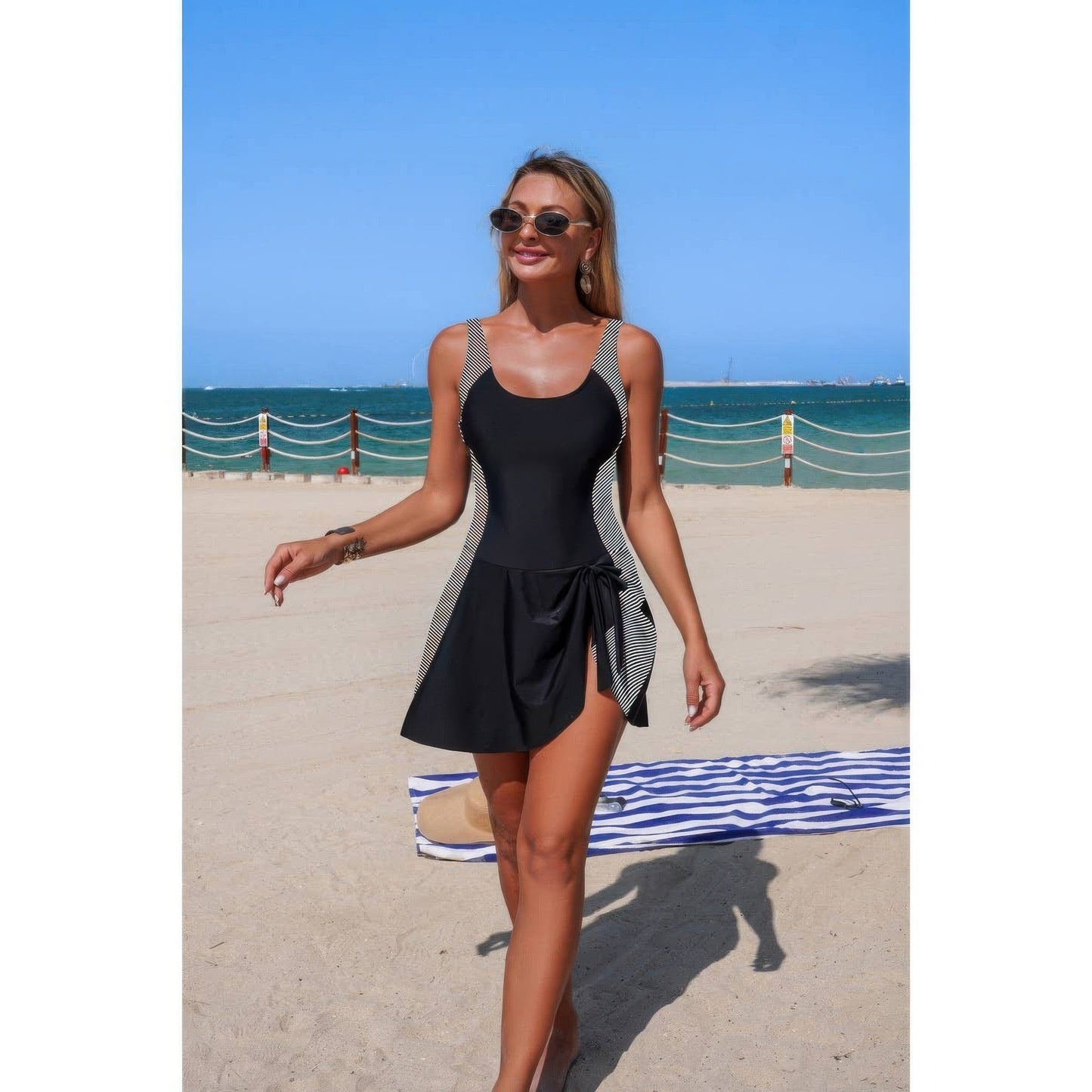 One Piece Patchwork Tie Up Stretch Swimsuit