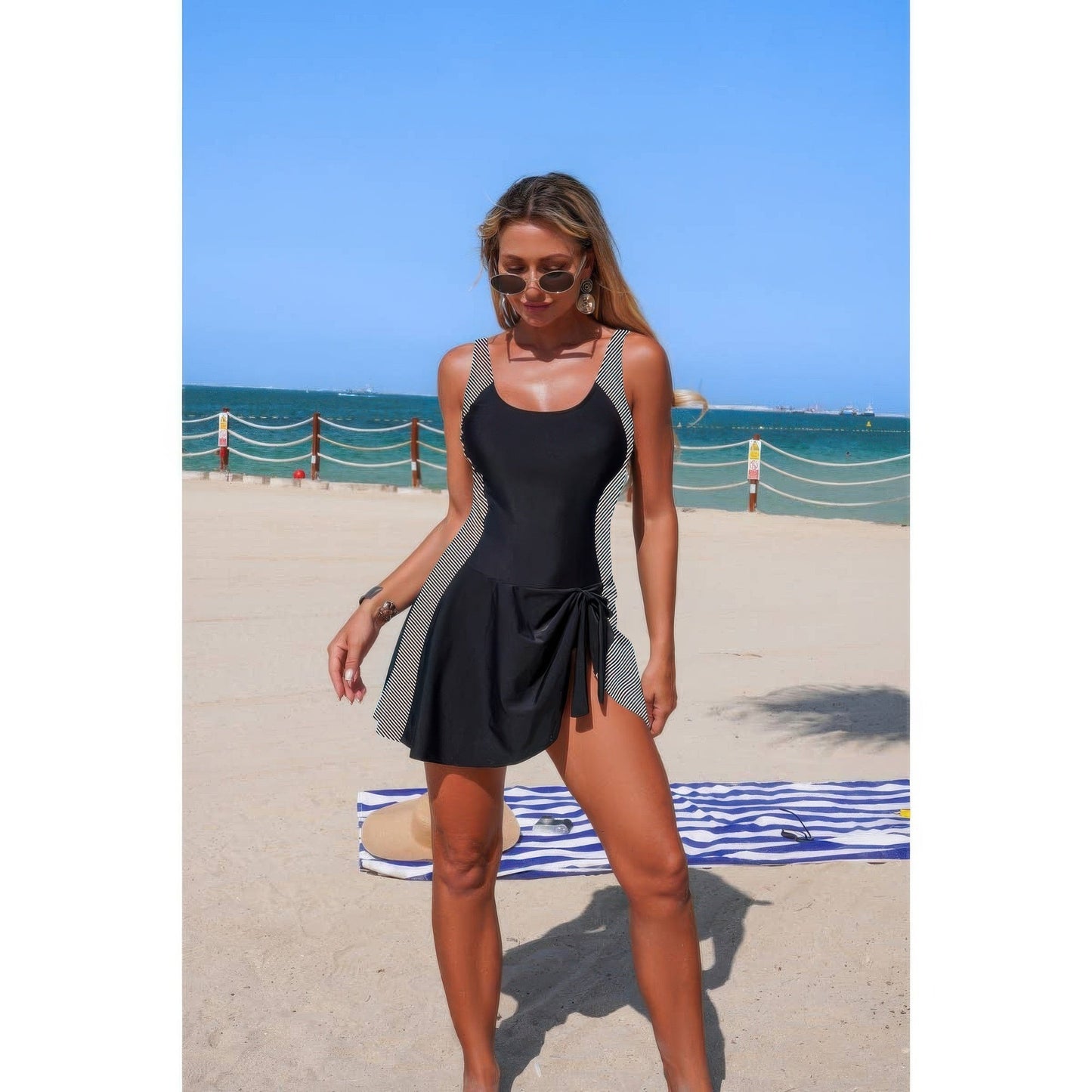 One Piece Patchwork Tie Up Stretch Swimsuit