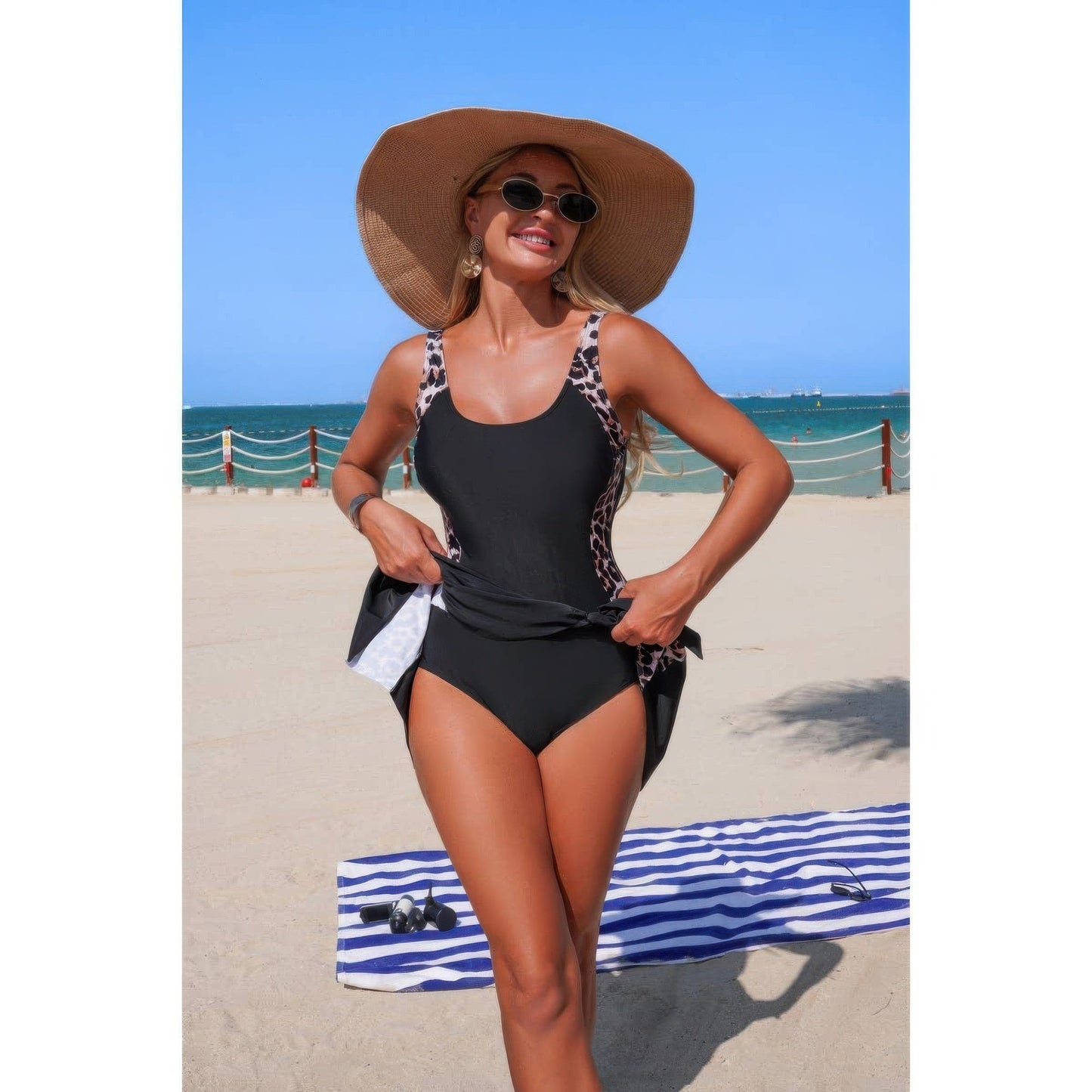 One Piece Patchwork Tie Up Stretch Swimsuit