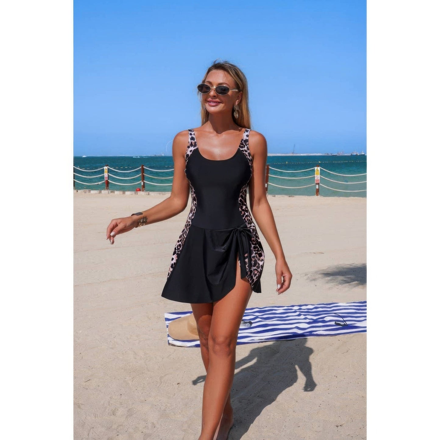 One Piece Patchwork Tie Up Stretch Swimsuit