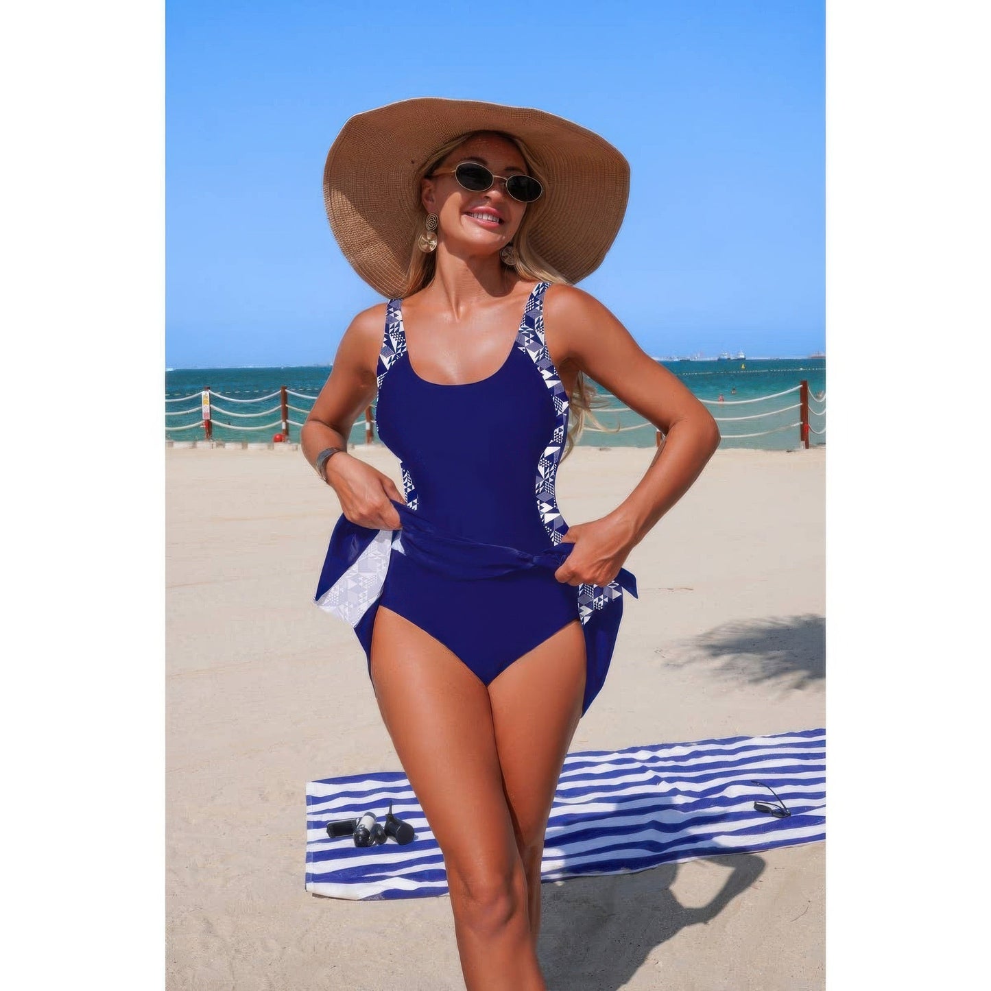 One Piece Patchwork Tie Up Stretch Swimsuit
