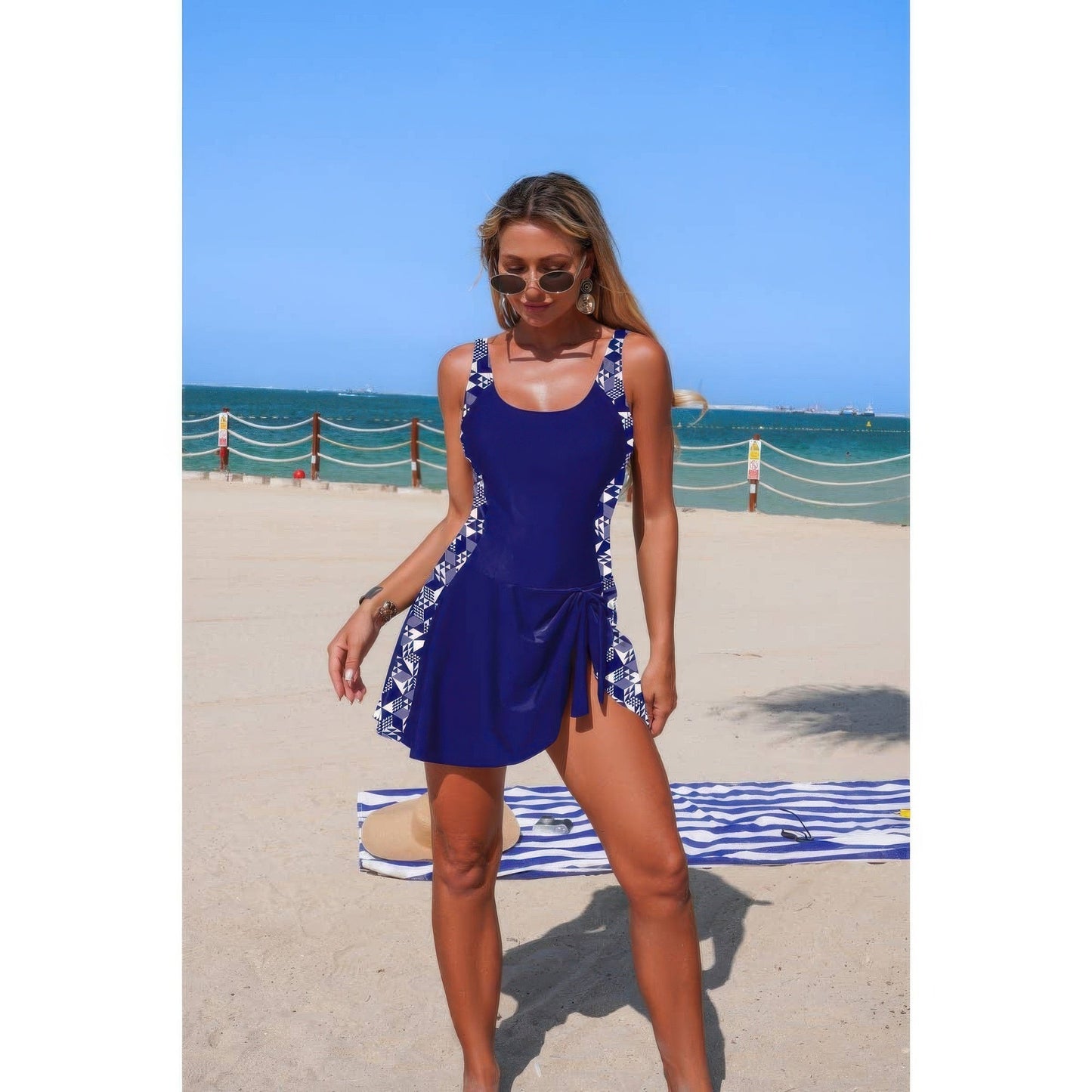One Piece Patchwork Tie Up Stretch Swimsuit