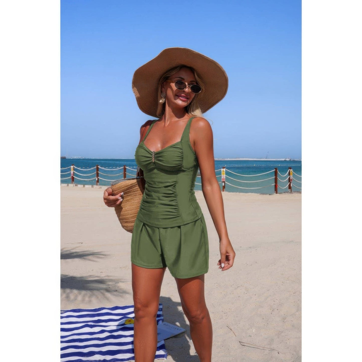Two Piece Solid Sling Pleated Pocket Stretch Swimsuit