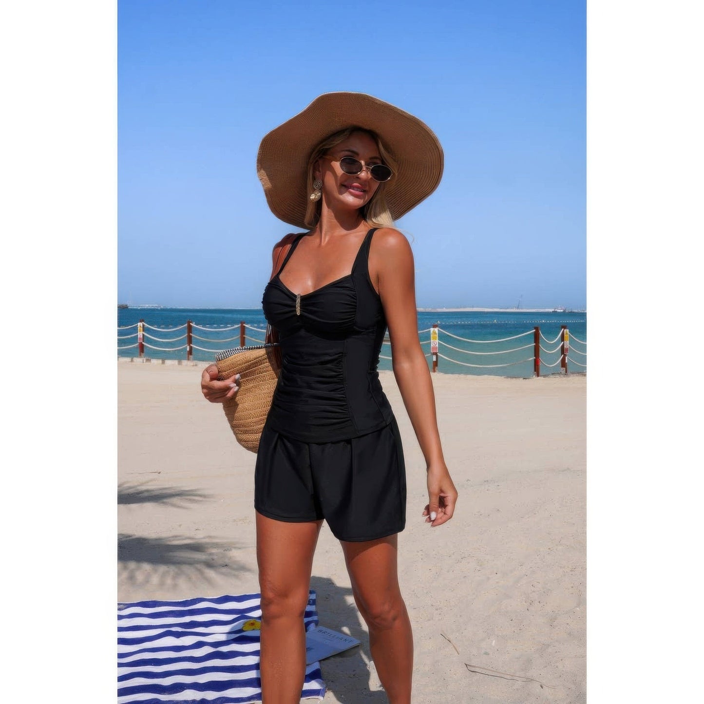 Two Piece Solid Sling Pleated Pocket Stretch Swimsuit