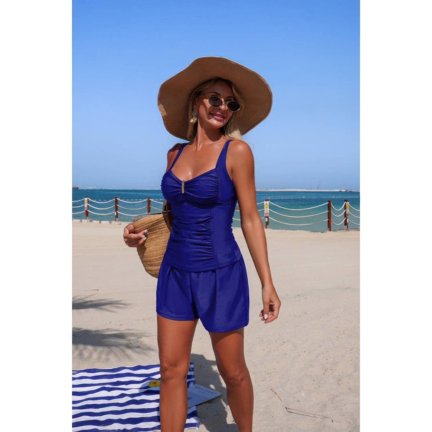 Two Piece Solid Sling Pleated Pocket Stretch Swimsuit