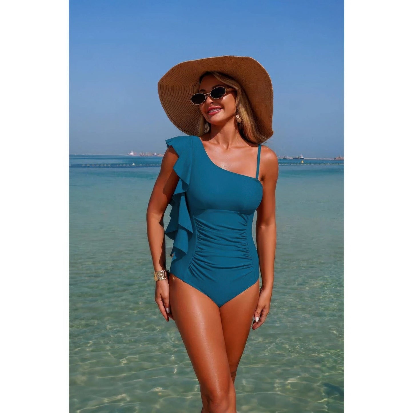 Solid Asymmetric Shoulder Ruffle Swimsuit