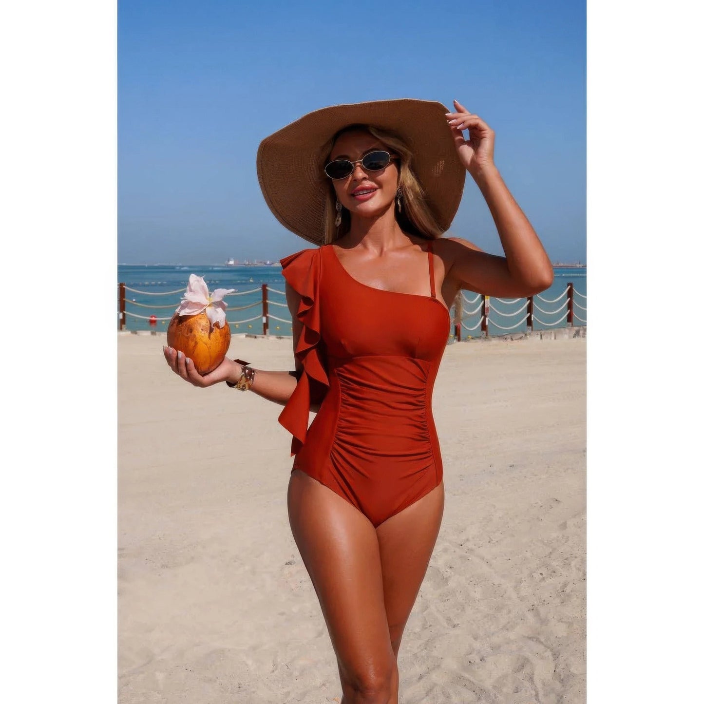 Solid Asymmetric Shoulder Ruffle Swimsuit