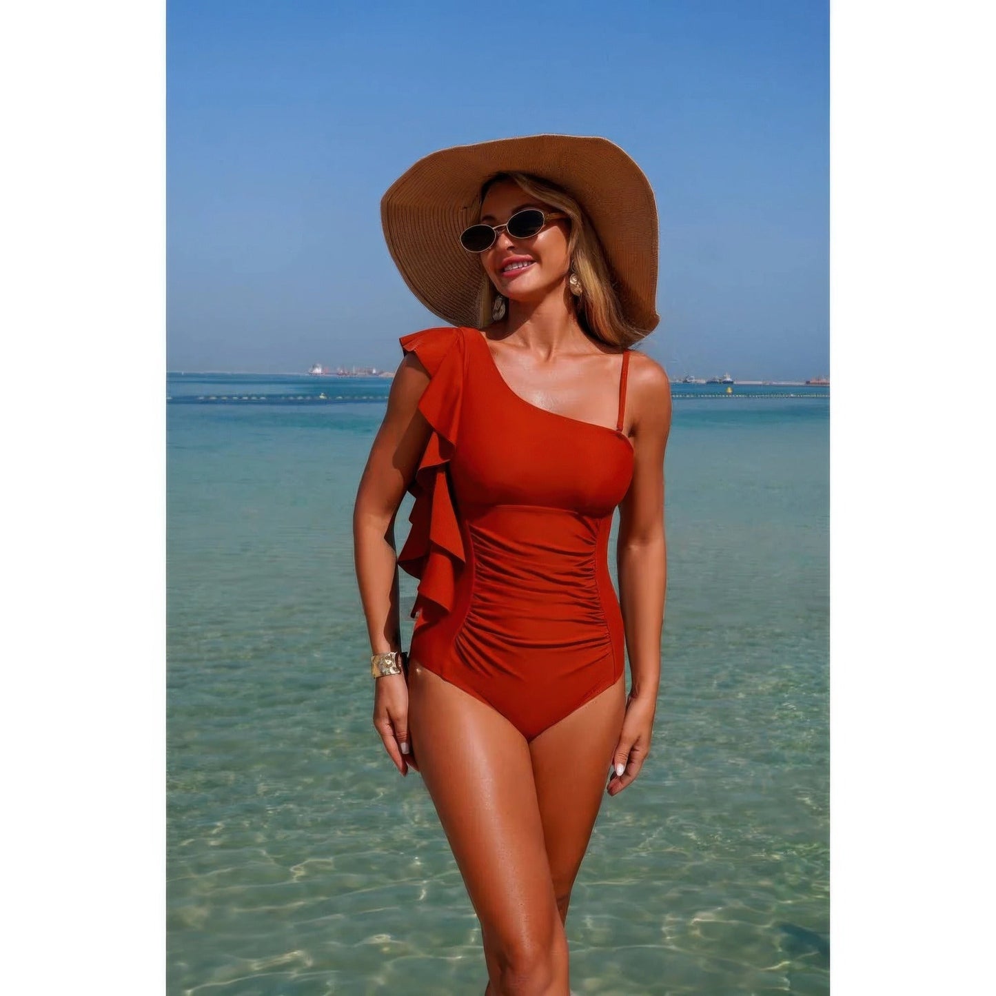 Solid Asymmetric Shoulder Ruffle Swimsuit