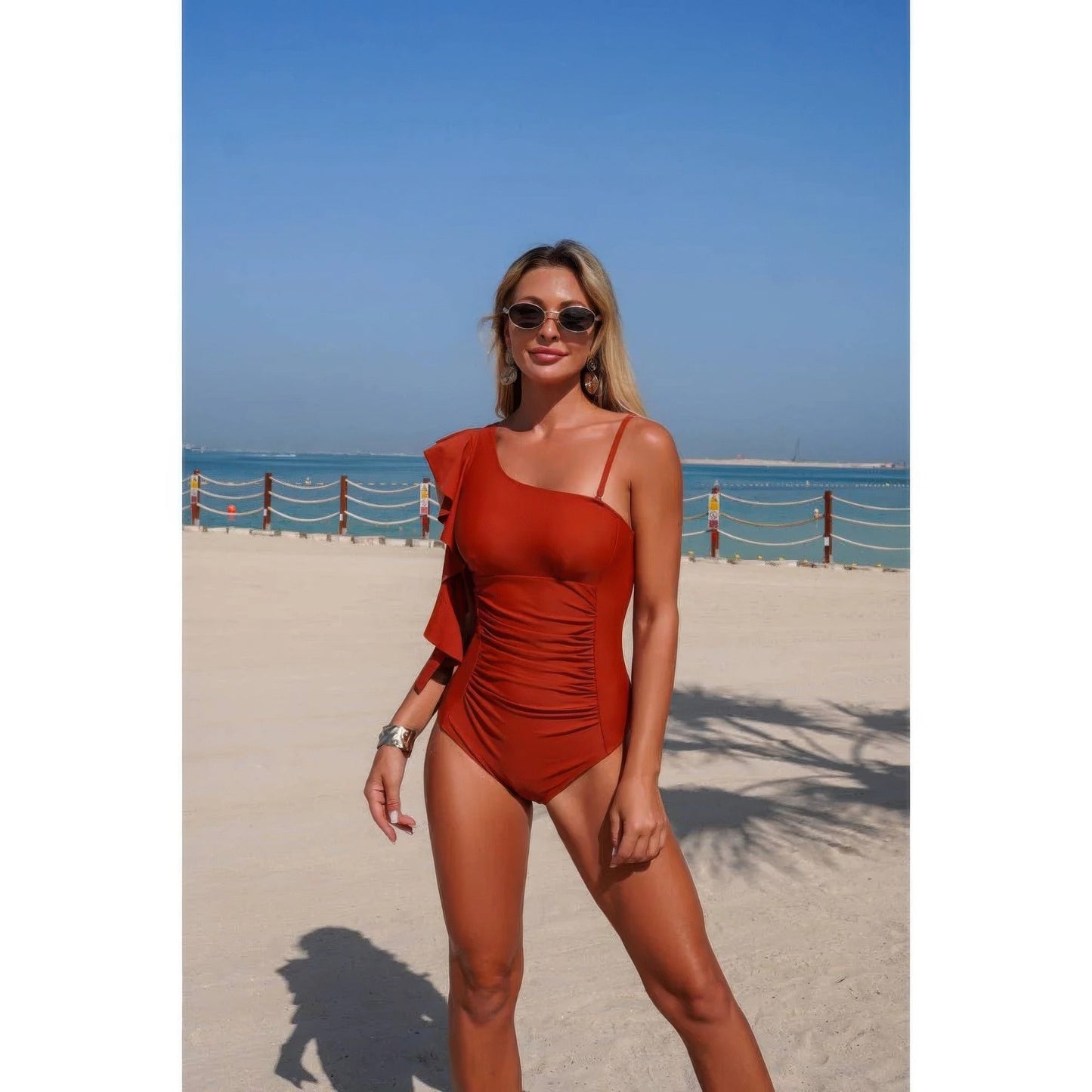 Solid Asymmetric Shoulder Ruffle Swimsuit