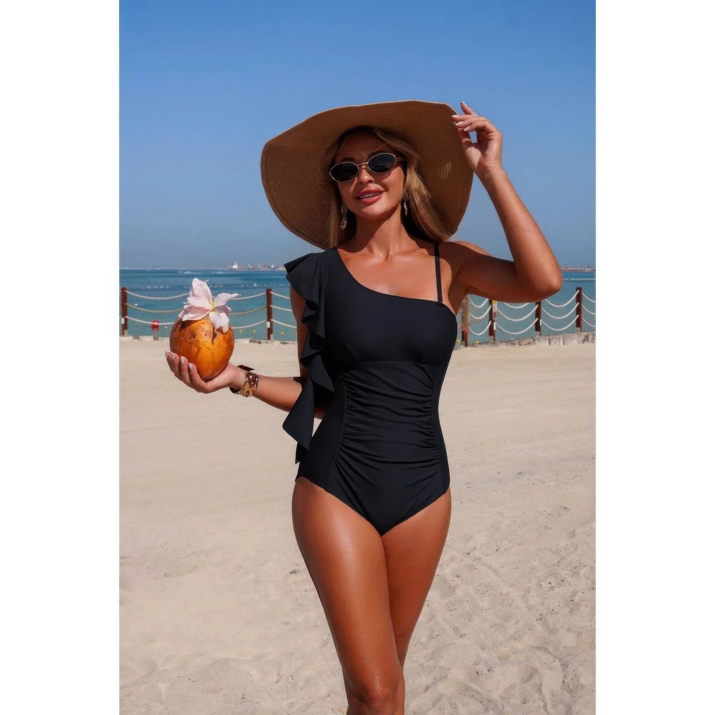 Solid Asymmetric Shoulder Ruffle Swimsuit