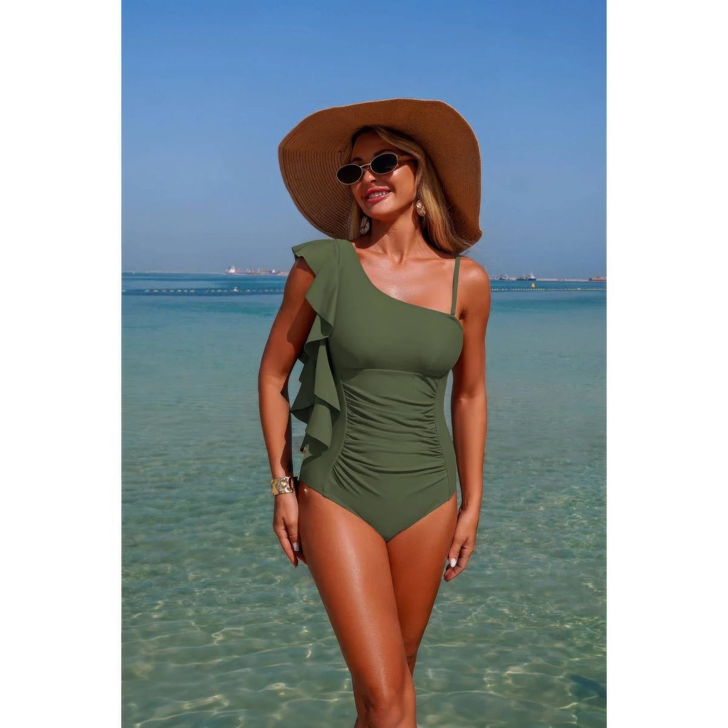 Solid Asymmetric Shoulder Ruffle Swimsuit