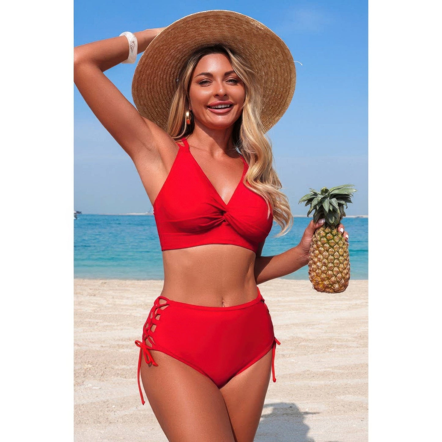 Two Piece High Waisted V Neck Cross Side Biniki
