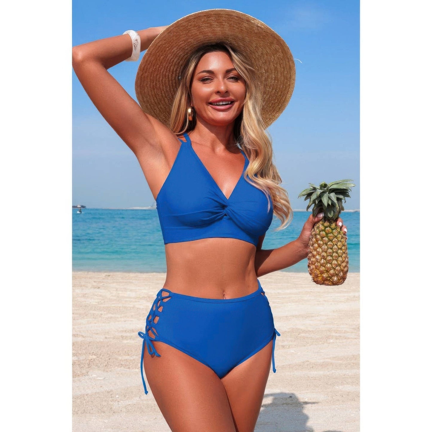 Two Piece High Waisted V Neck Cross Side Biniki