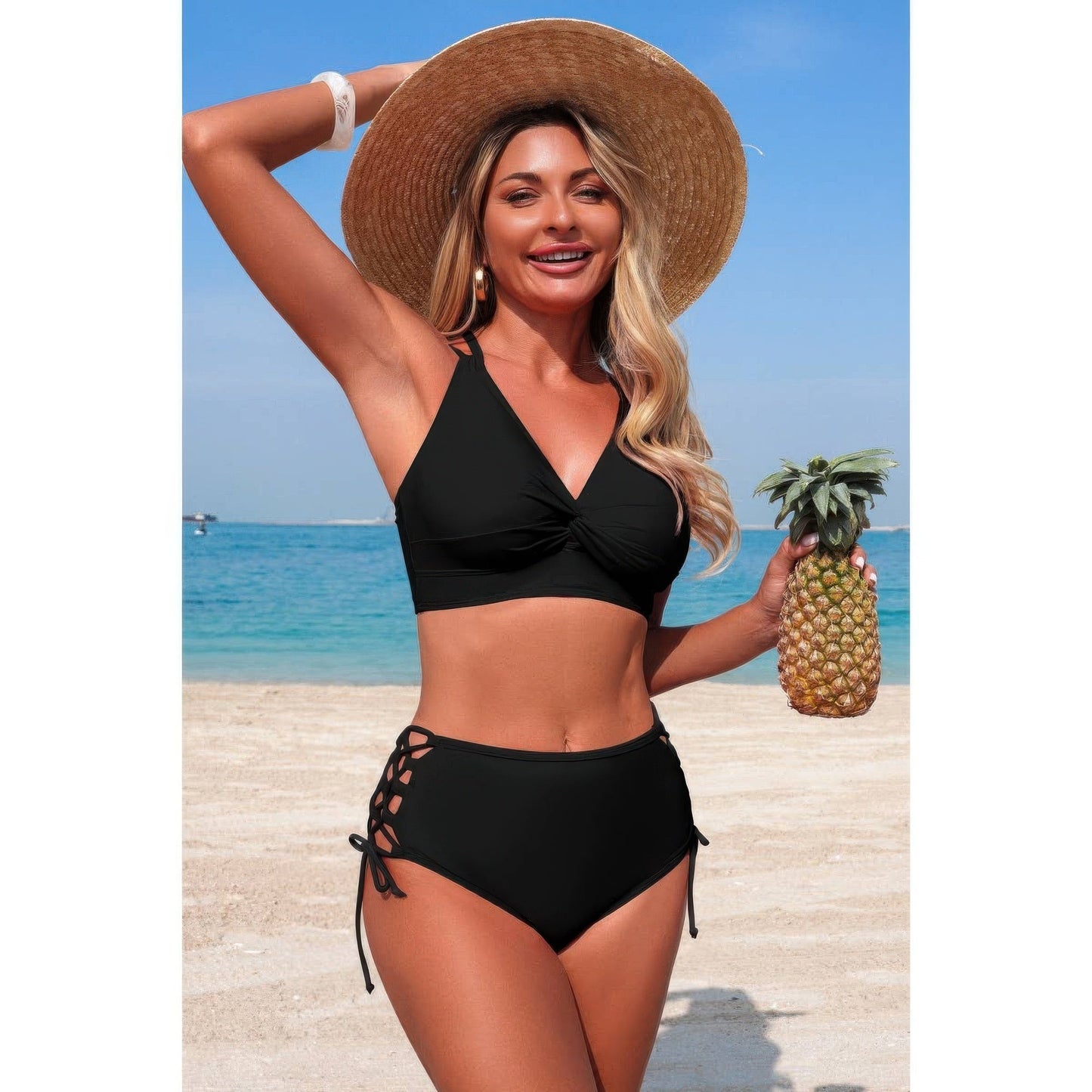 Two Piece High Waisted V Neck Cross Side Biniki
