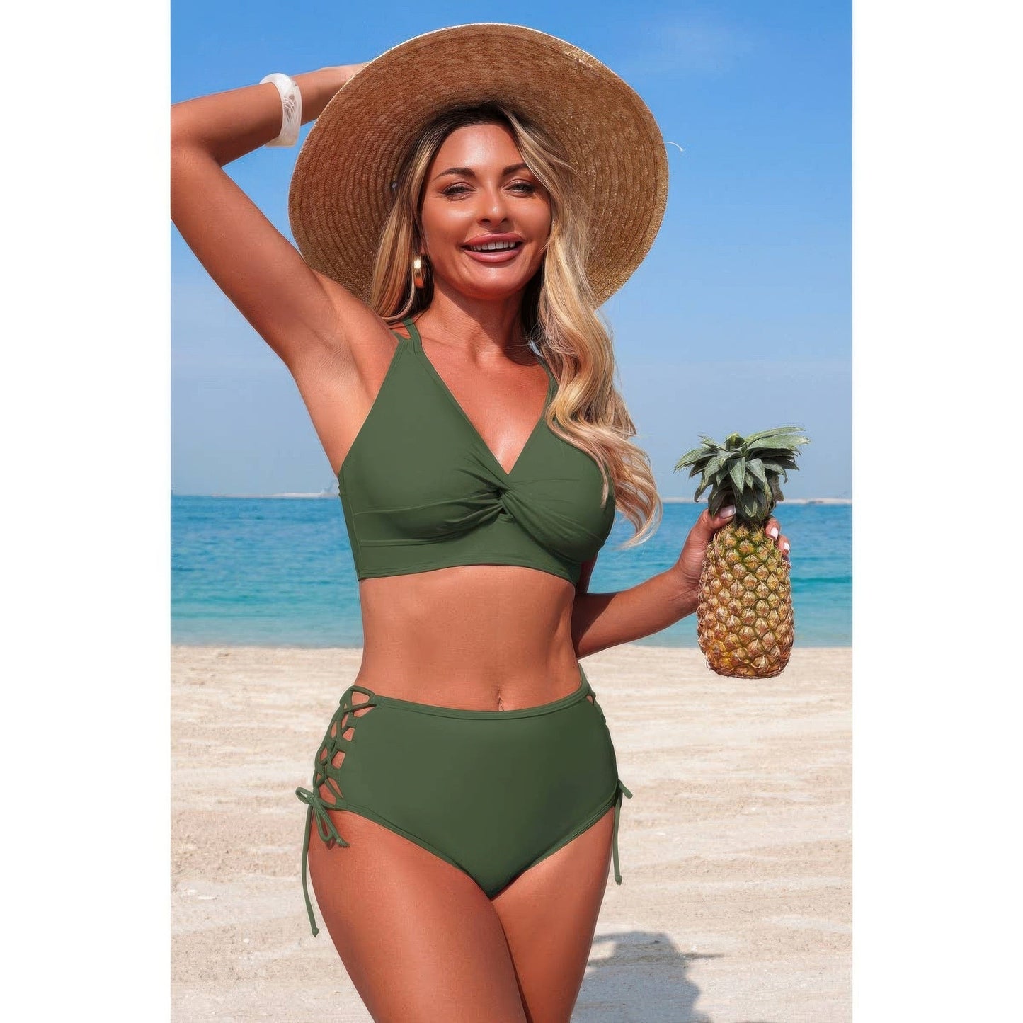 Two Piece High Waisted V Neck Cross Side Biniki