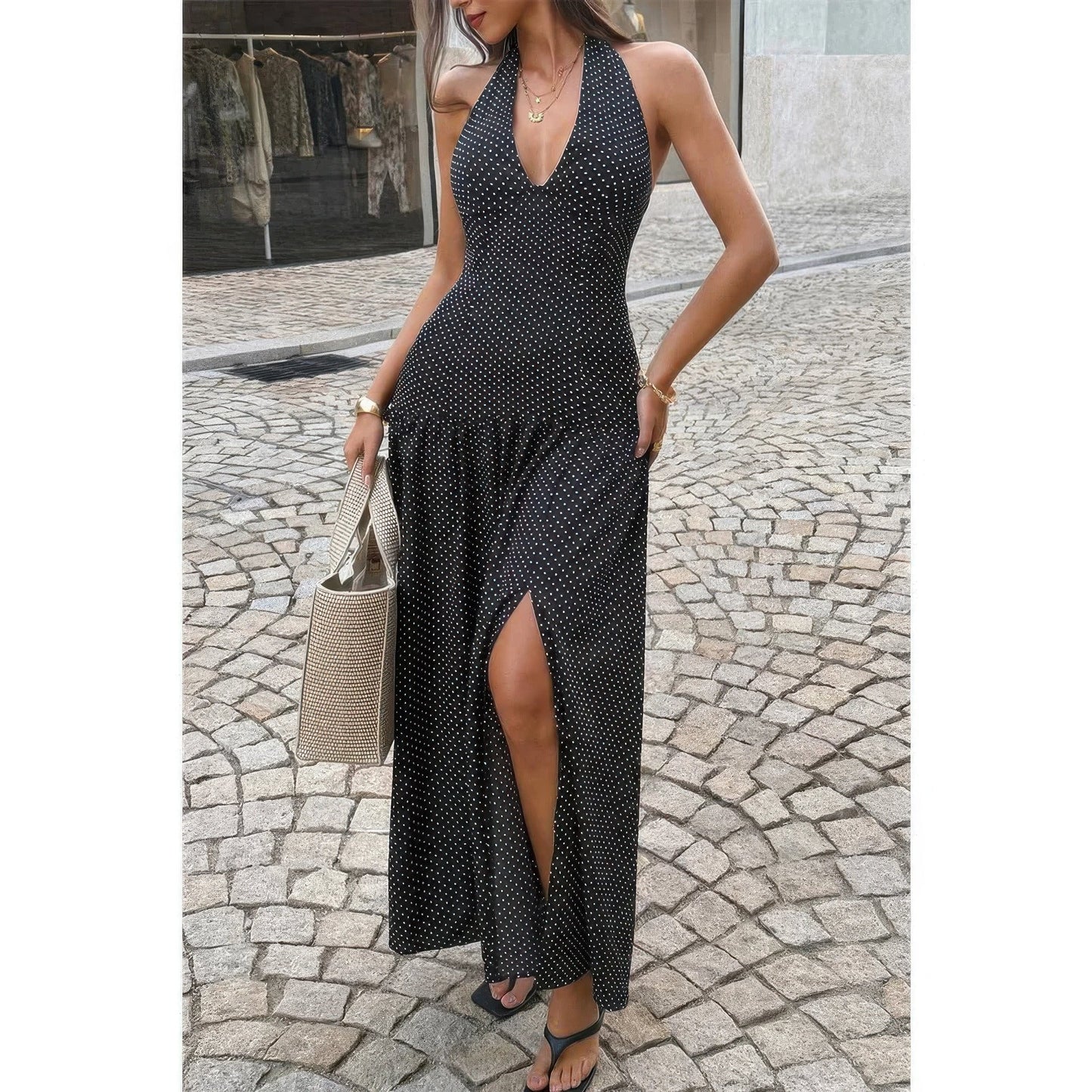 Polka Dot Vintage Halter Neck Maxi Dress