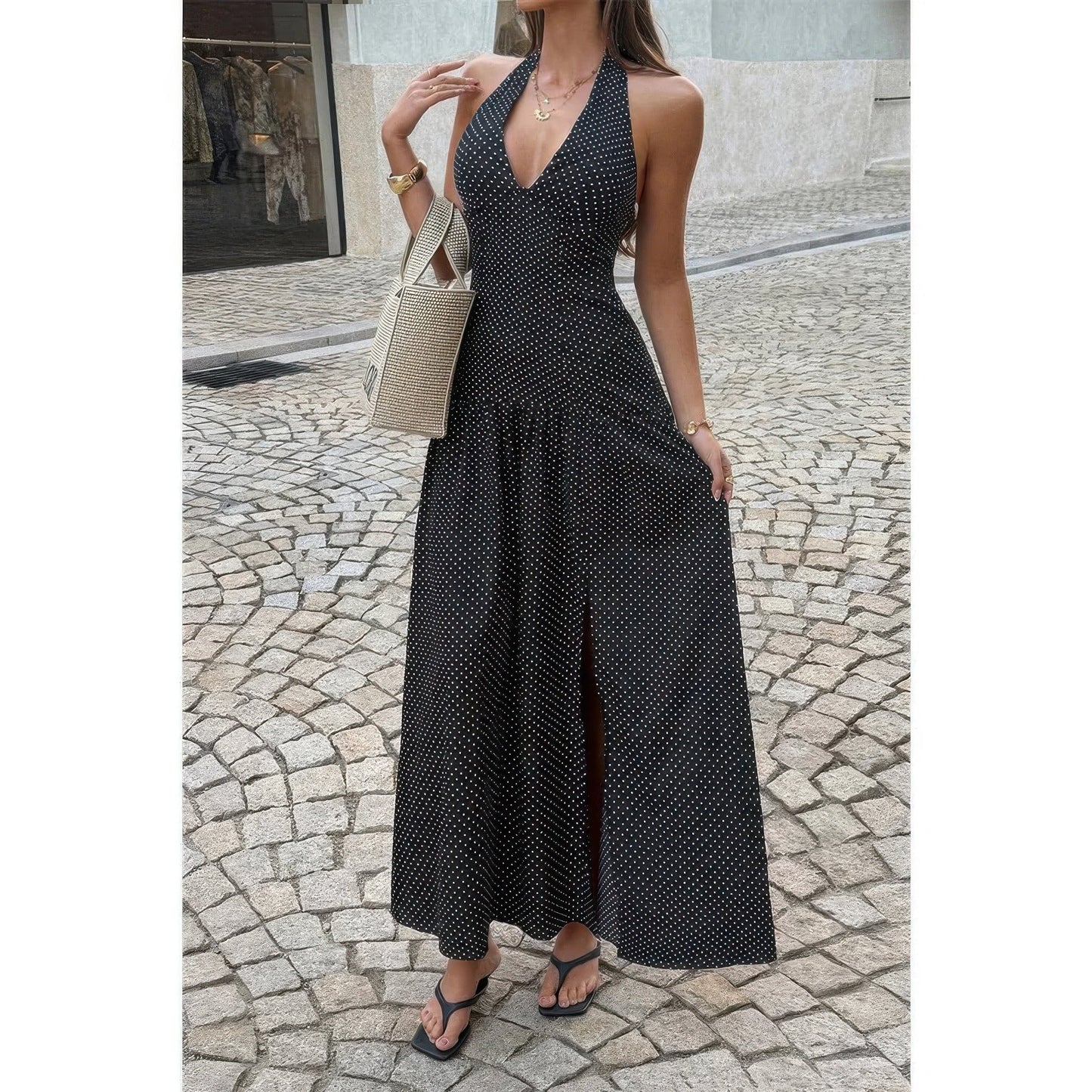 Polka Dot Vintage Halter Neck Maxi Dress