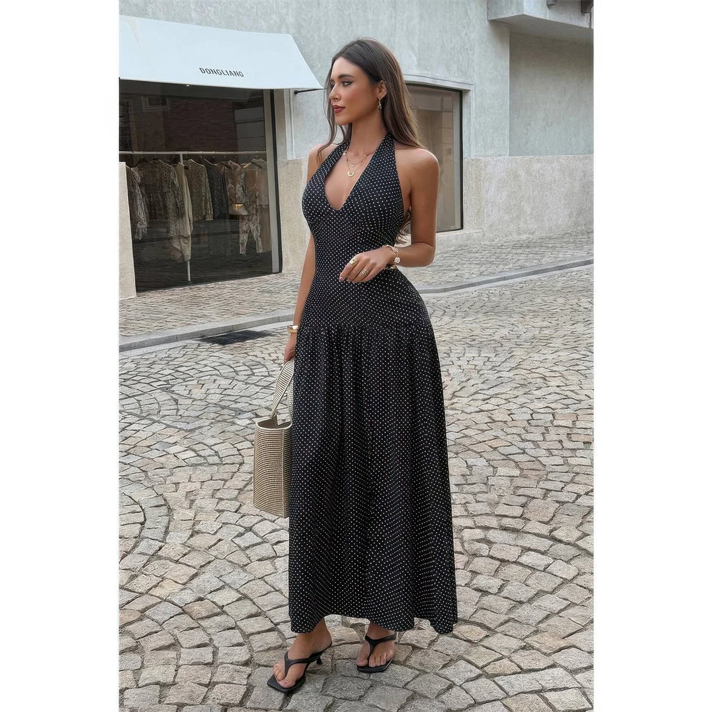 Polka Dot Vintage Halter Neck Maxi Dress