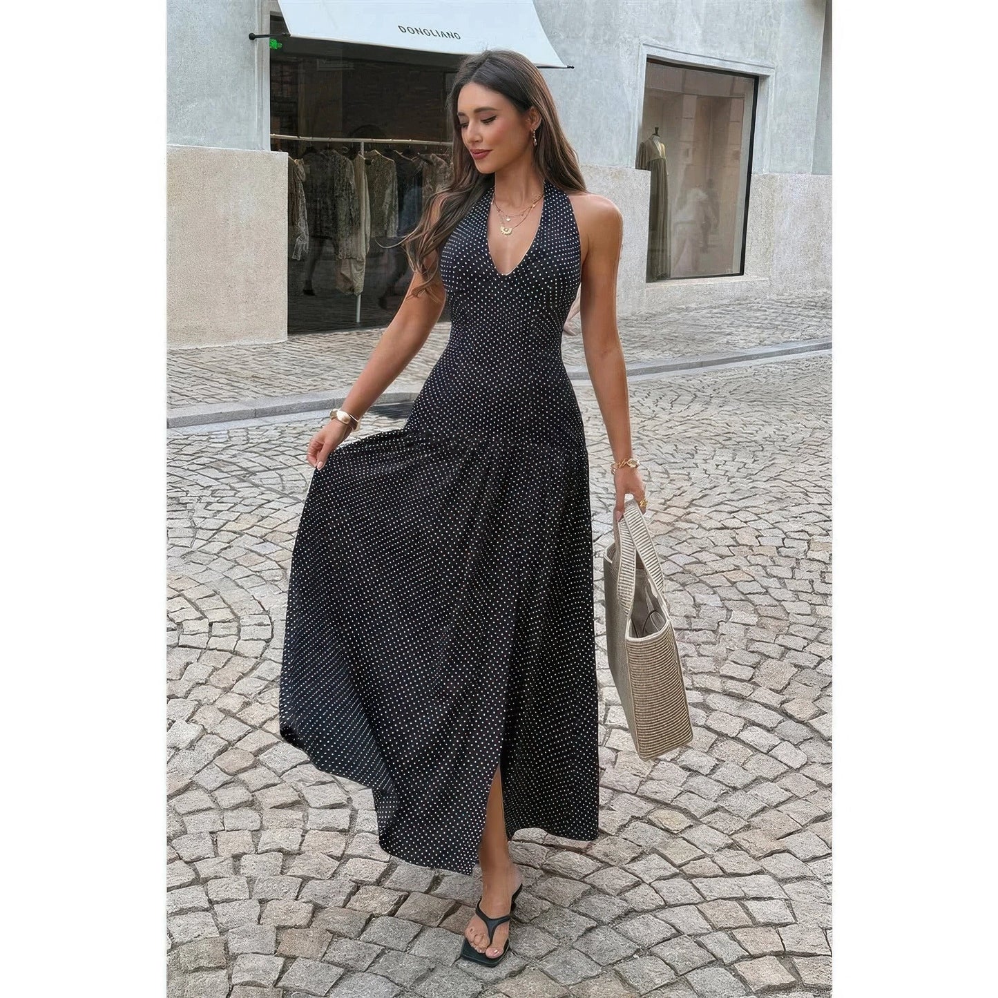 Polka Dot Vintage Halter Neck Maxi Dress