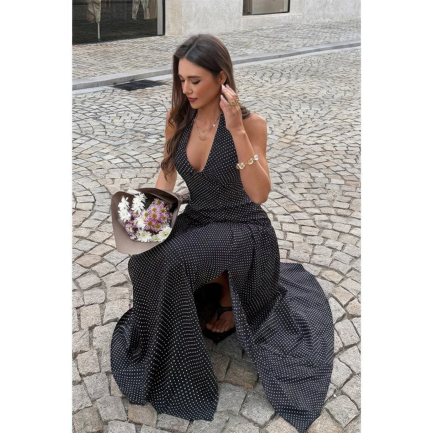Polka Dot Vintage Halter Neck Maxi Dress