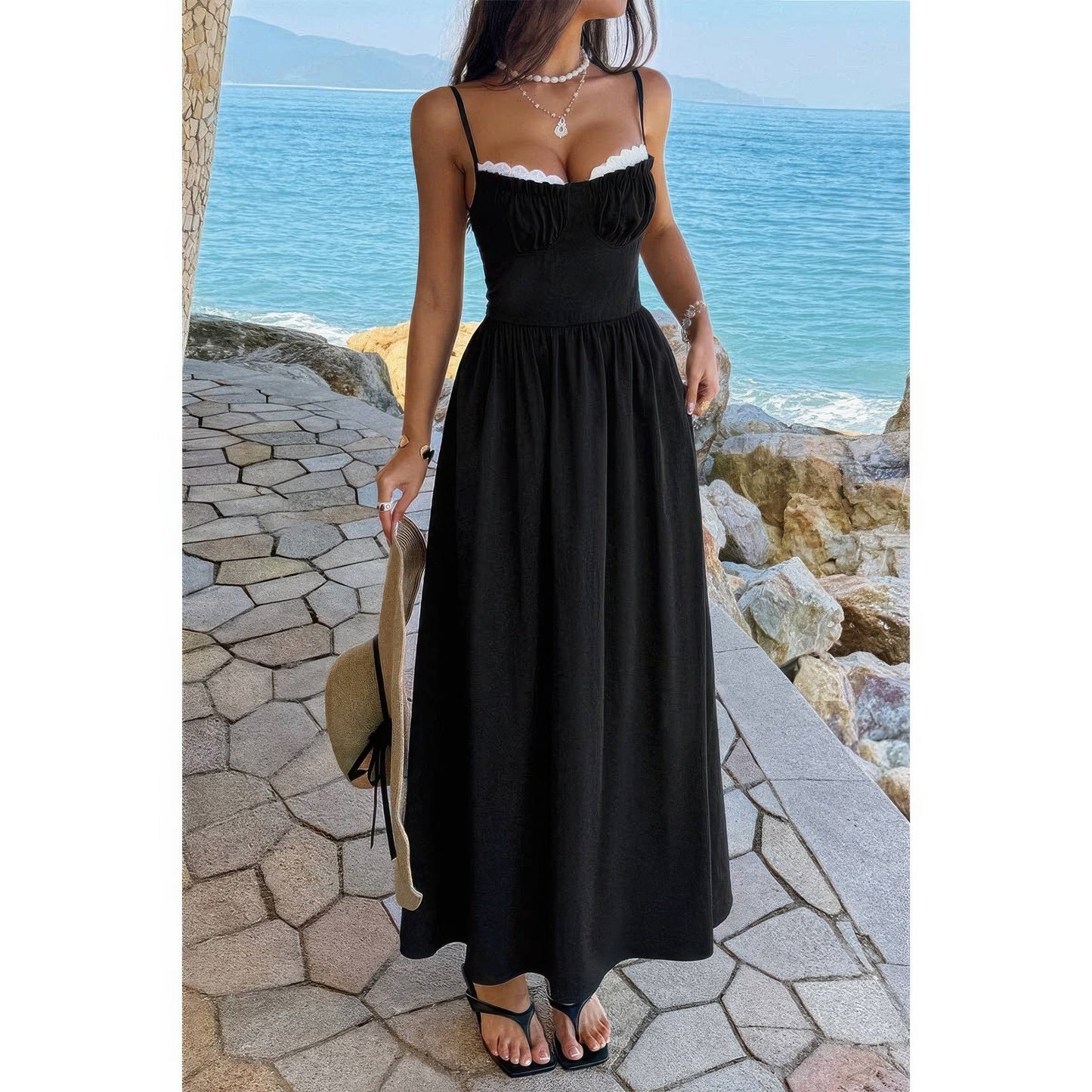 Contrast Color Lace Spaghetti Strap Long Dress
