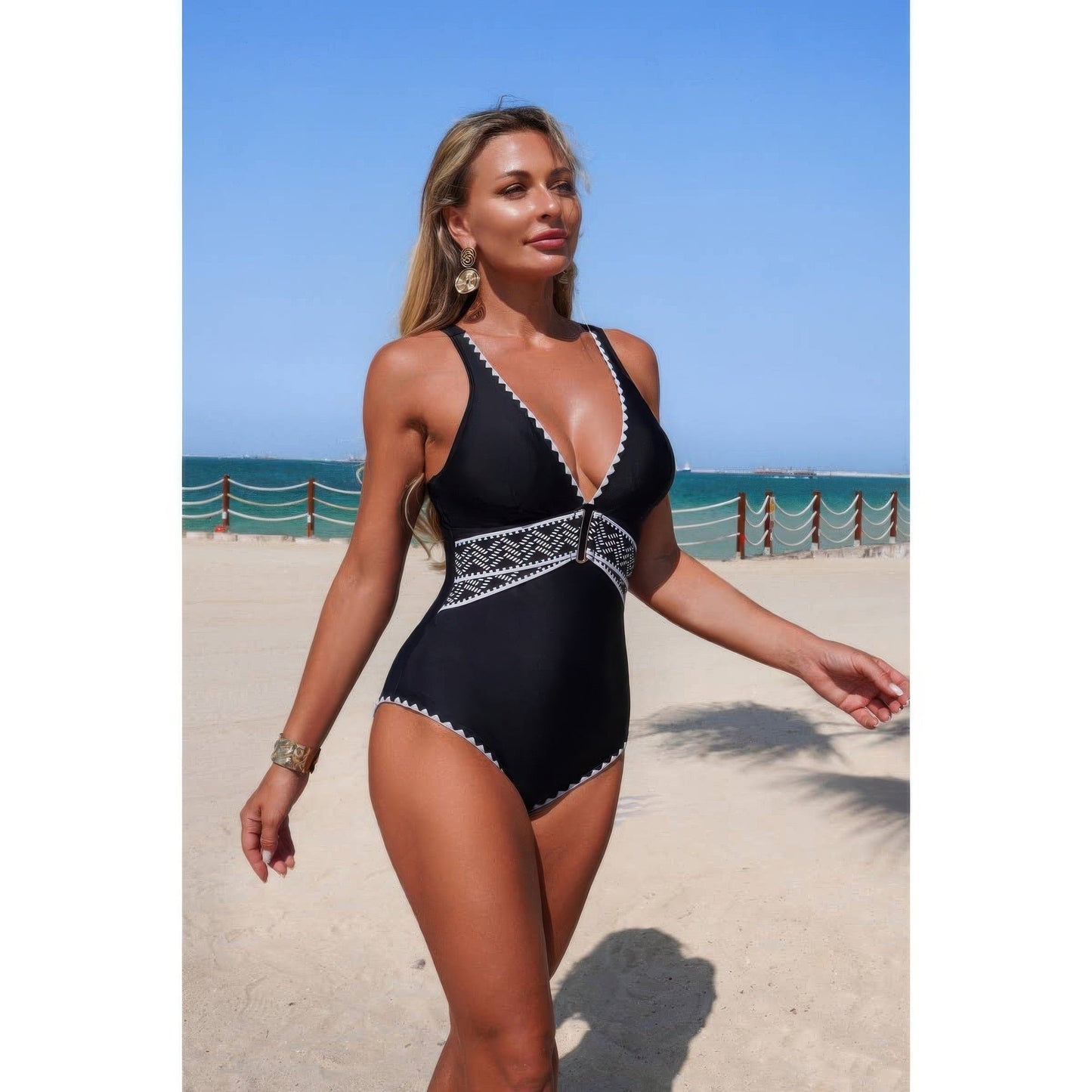 One Piece V Neck Serrated Trim Stretch Swimsuit