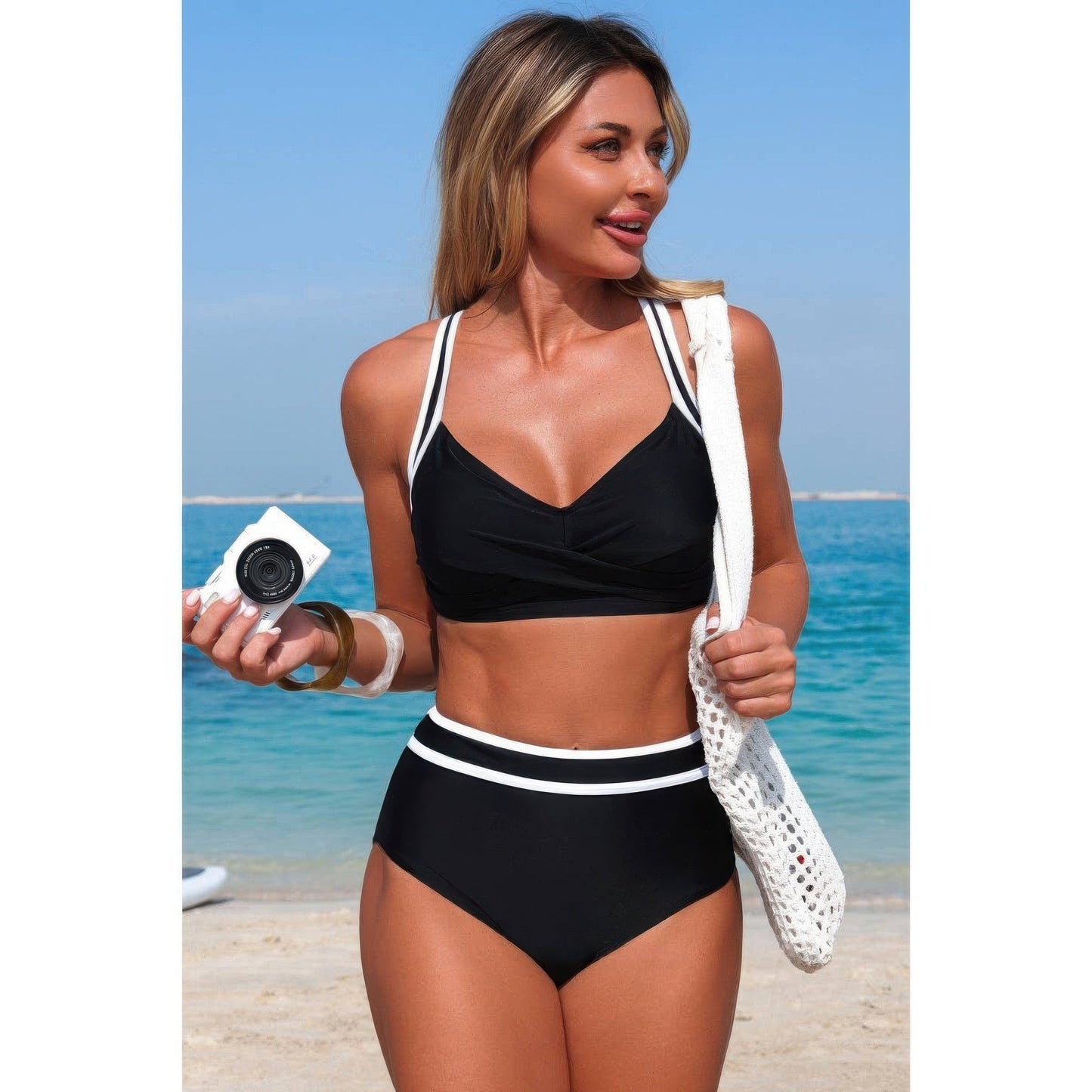 Two Piece High Waisted Cross Contrasting Bikini