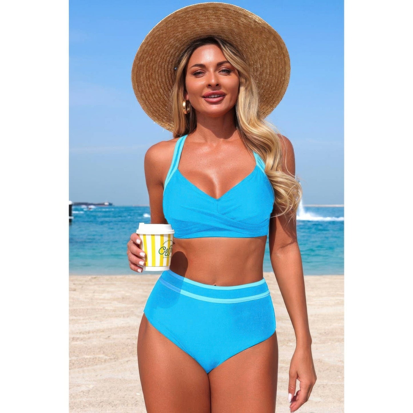 Two Piece High Waisted Cross Contrasting Bikini