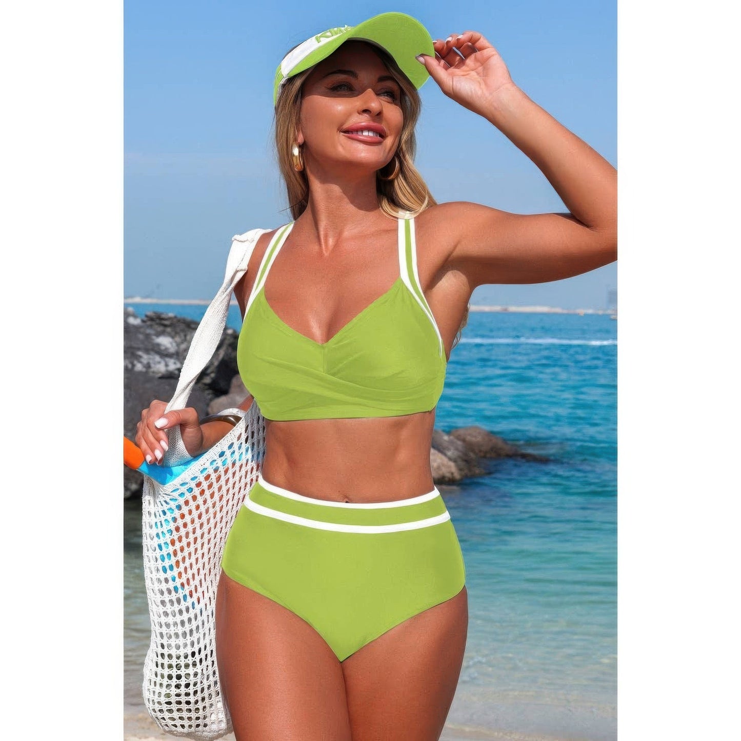 Two Piece High Waisted Cross Contrasting Bikini