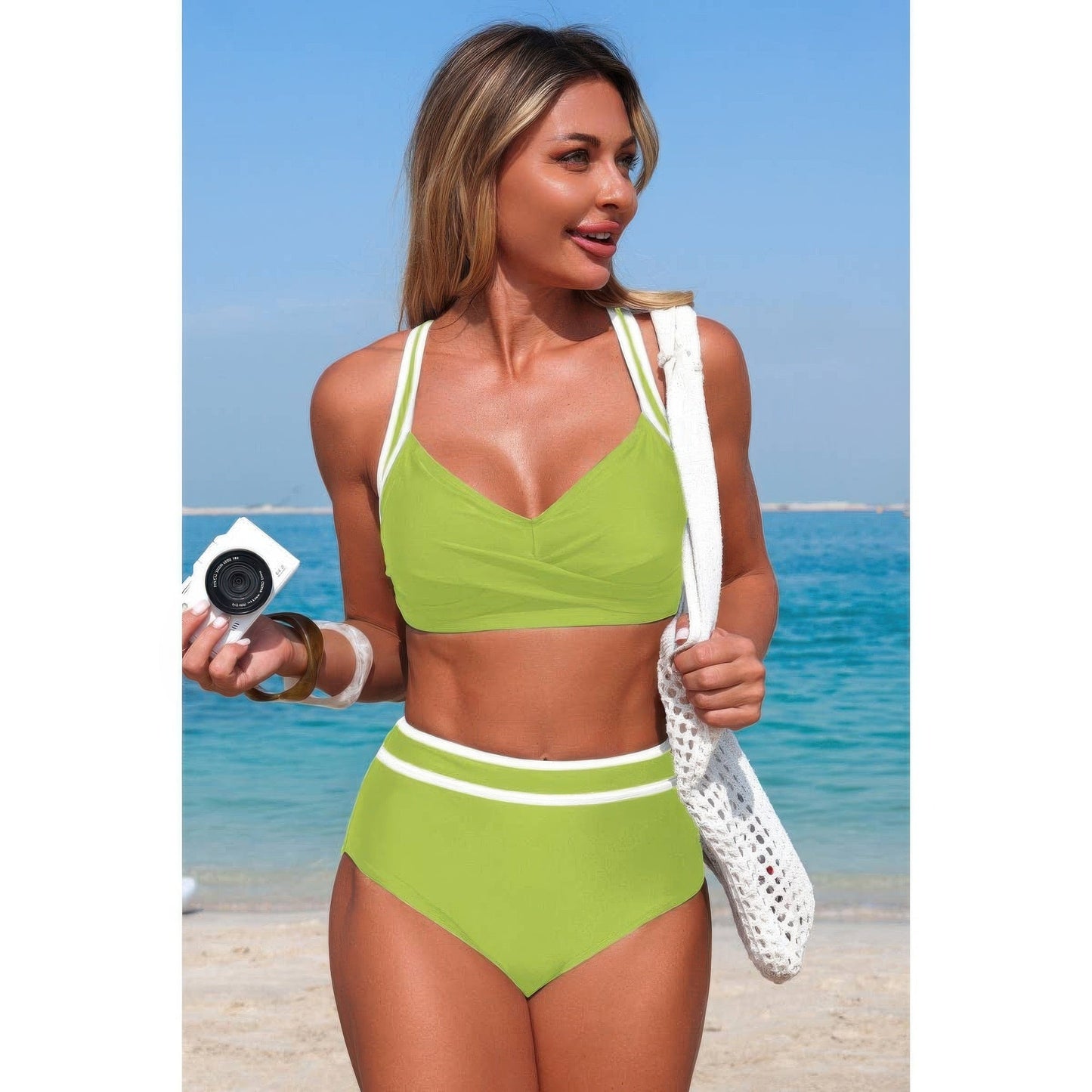 Two Piece High Waisted Cross Contrasting Bikini