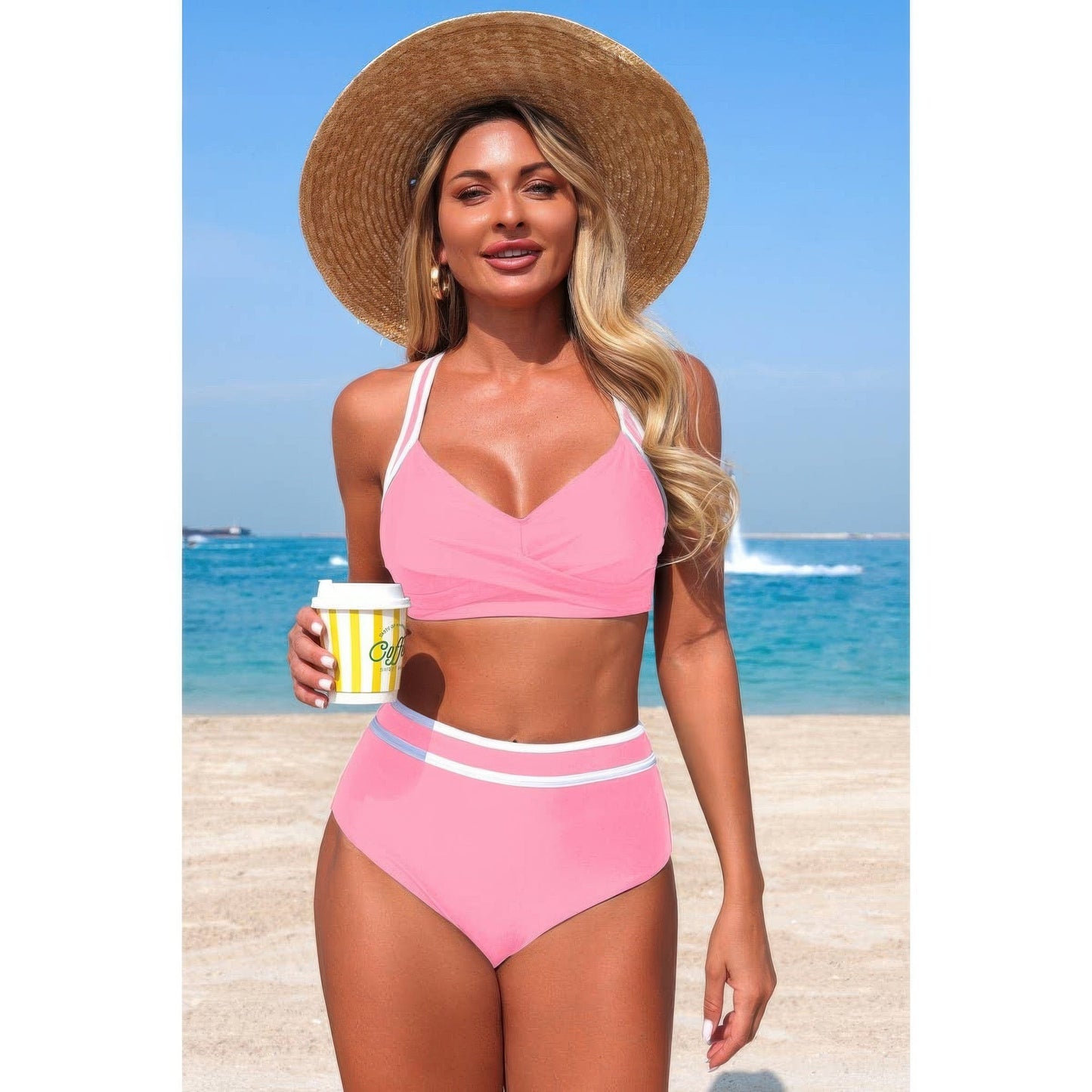 Two Piece High Waisted Cross Contrasting Bikini