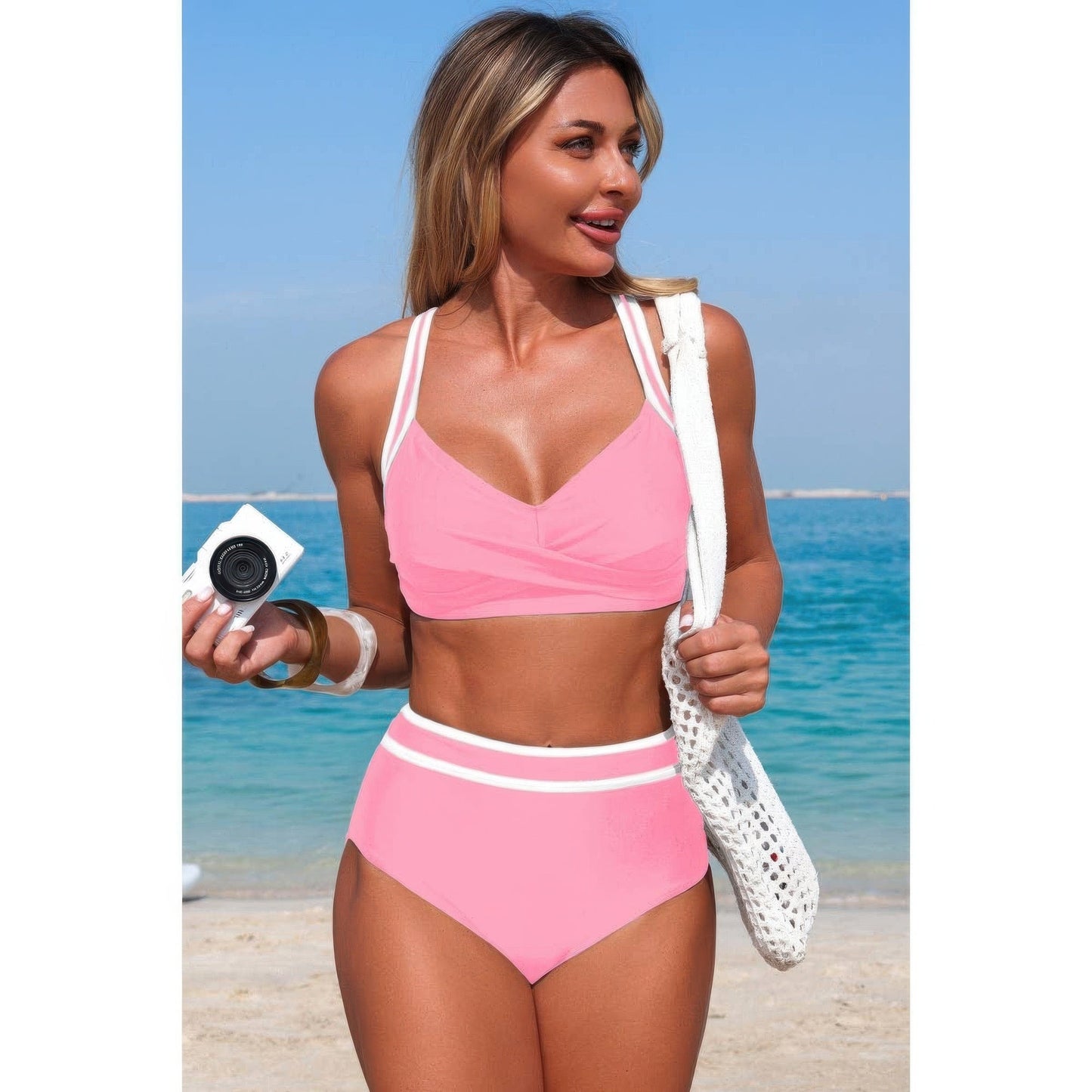 Two Piece High Waisted Cross Contrasting Bikini
