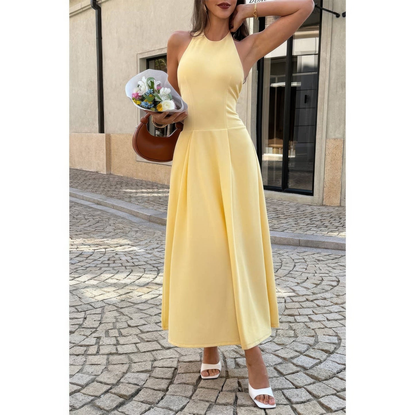 Halter Solid Dropped Hem Midi Dress