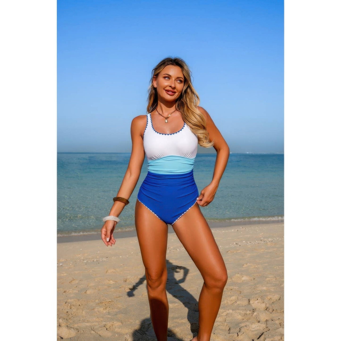One Piece Color Block U Neck Stretch Swimsuit