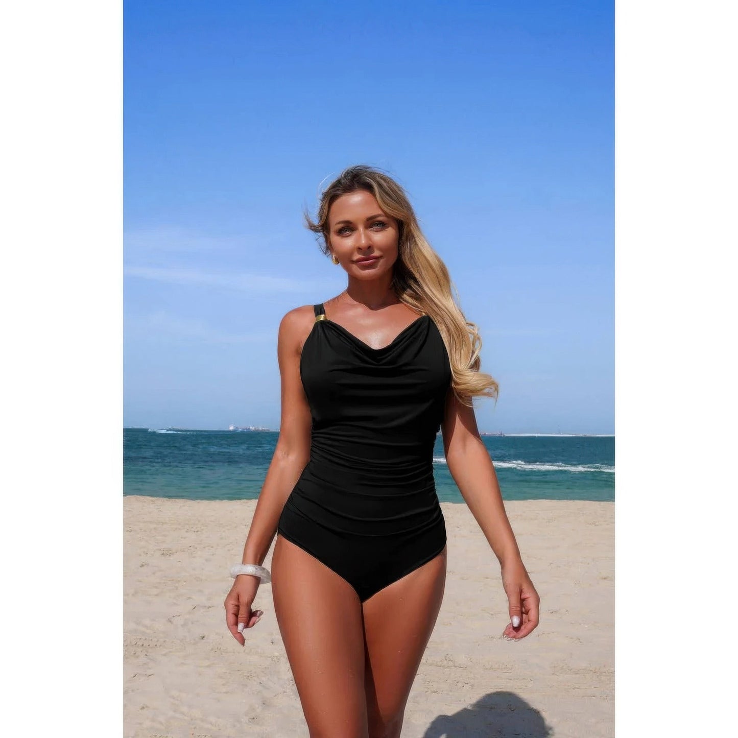 One Piece V Neck Ruched Tummy Control Swimsuit