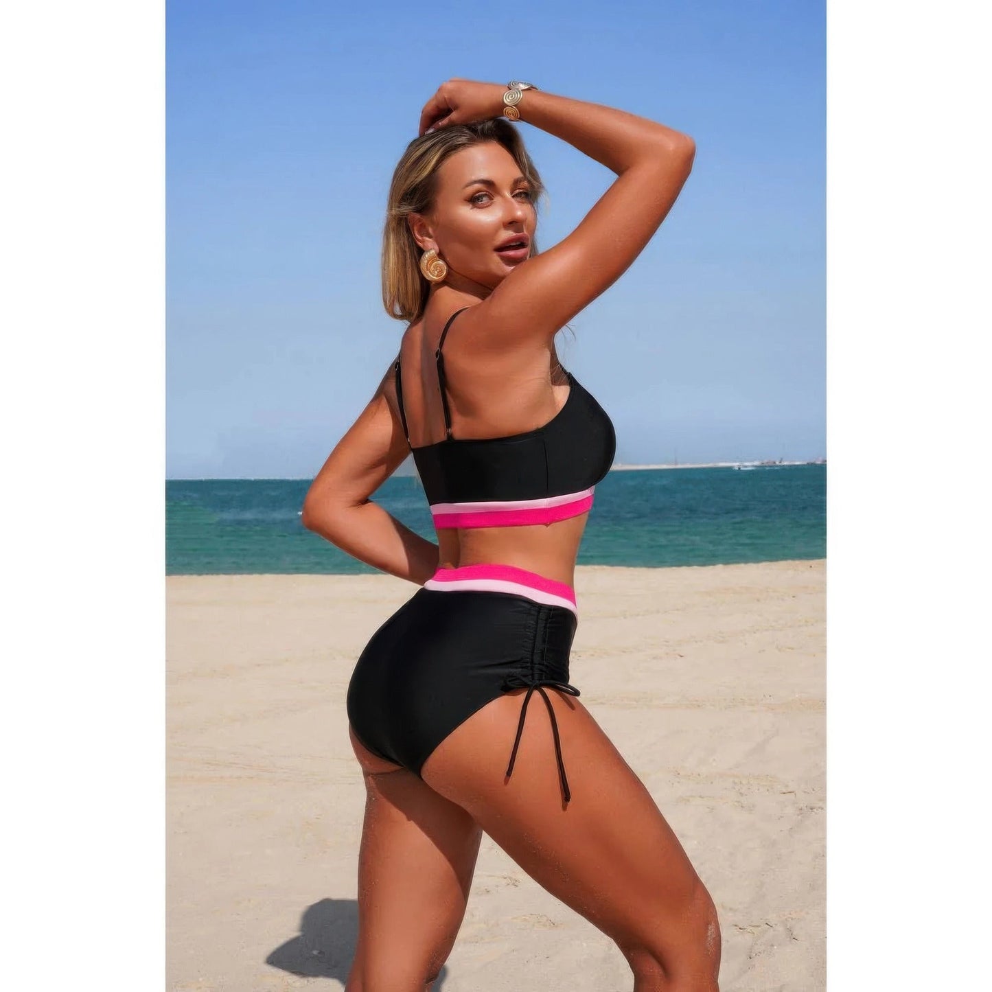 Two Piece Solid Contrast Tie Up Stretch Bikini