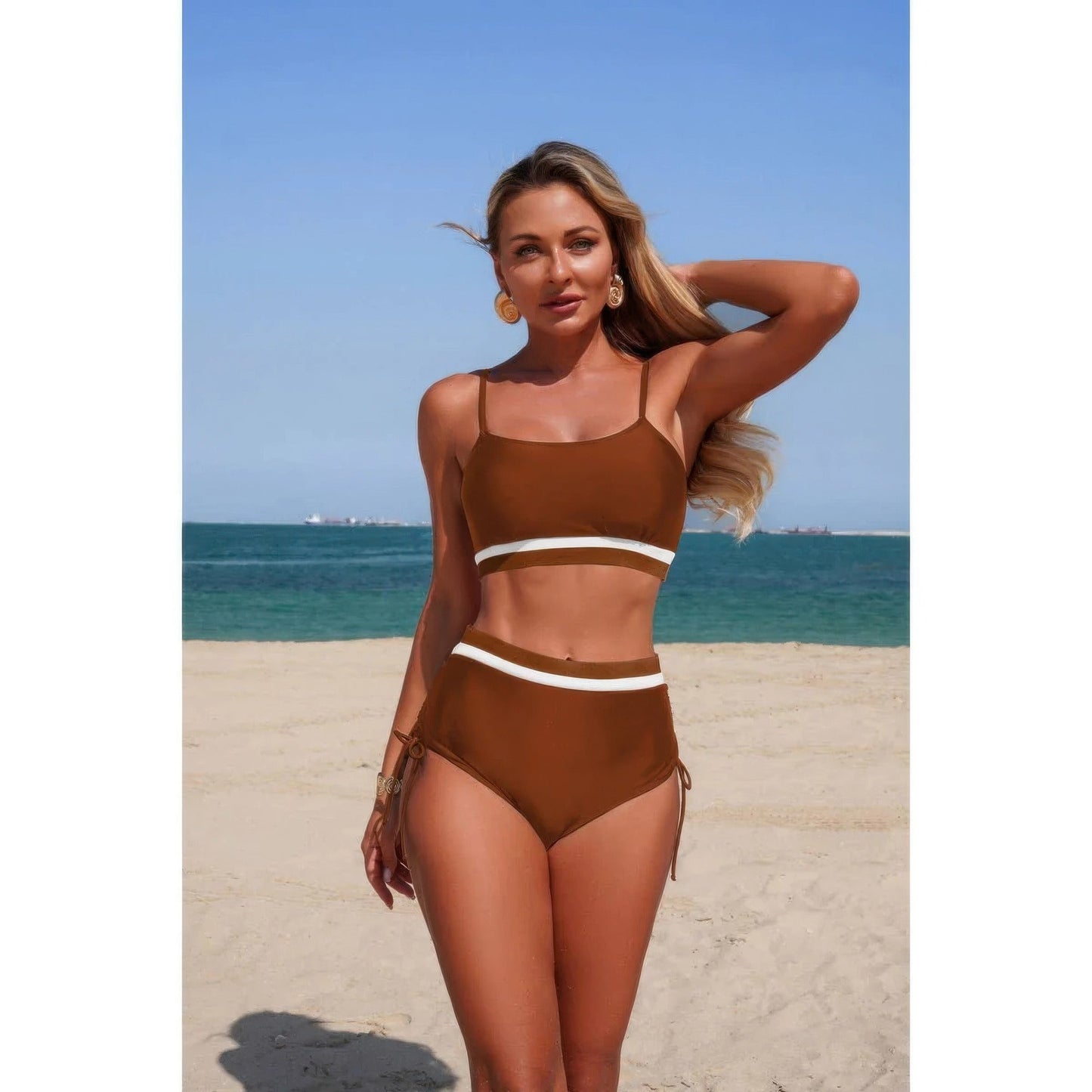 Two Piece Solid Contrast Tie Up Stretch Bikini
