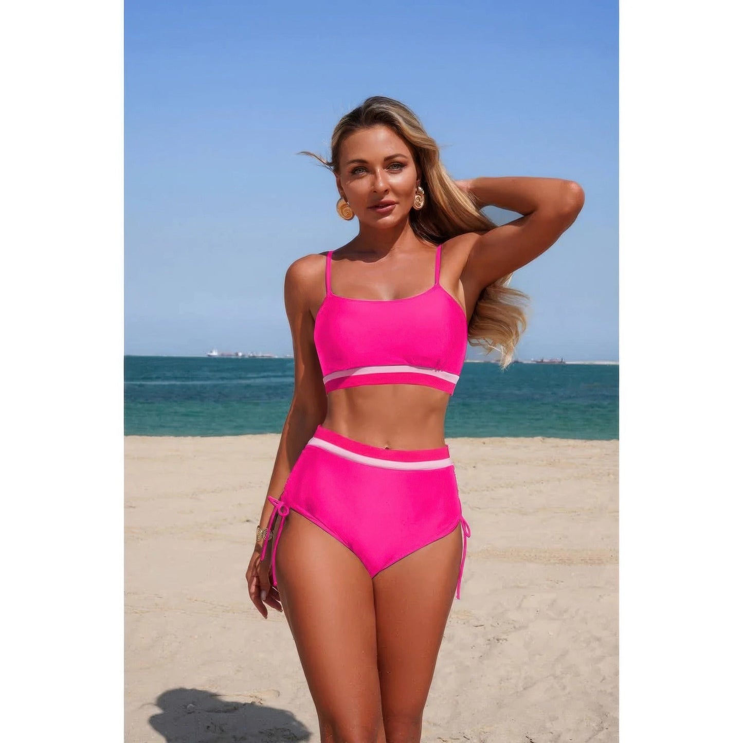 Two Piece Solid Contrast Tie Up Stretch Bikini