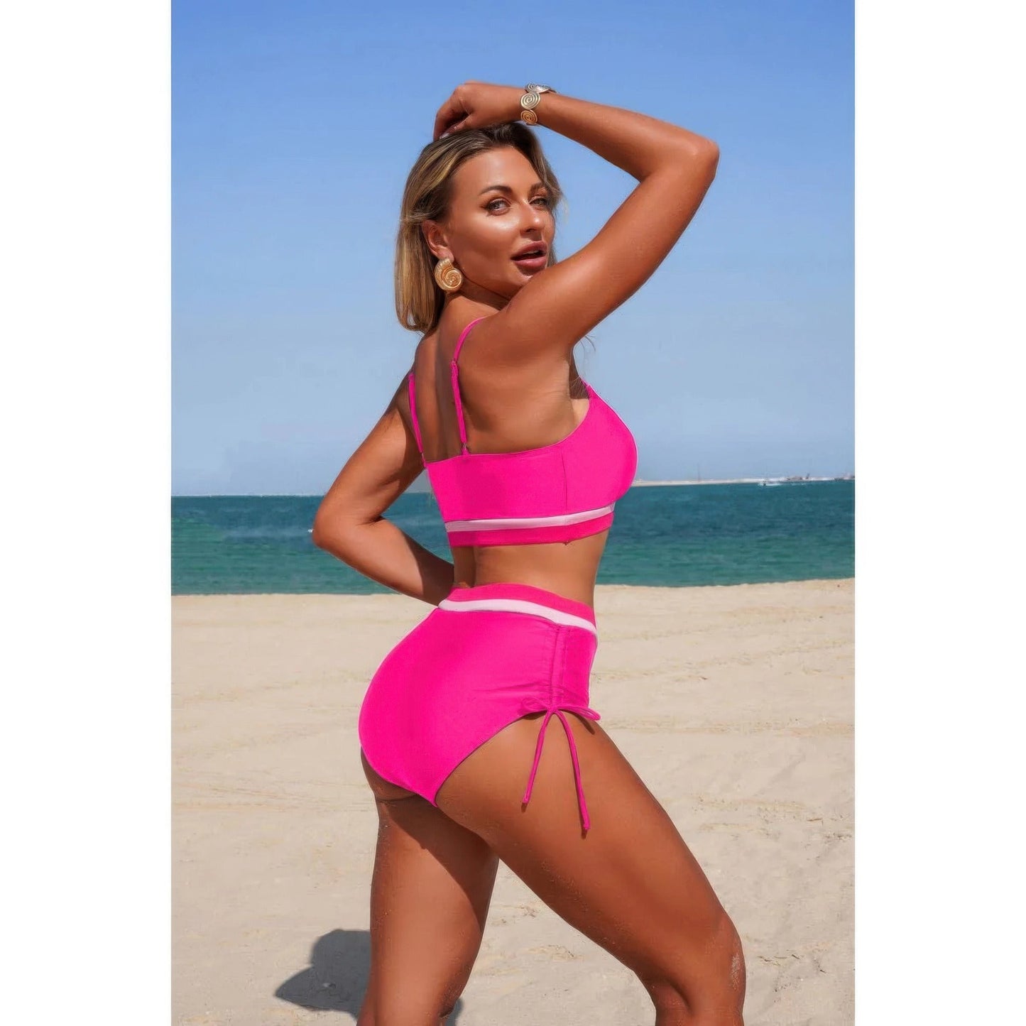 Two Piece Solid Contrast Tie Up Stretch Bikini