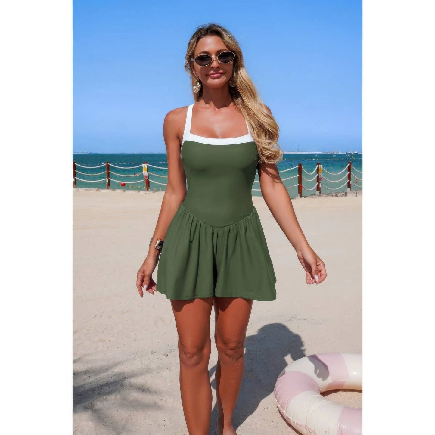 One Piece Solid Elastic Sleeveless Skirt Swimsuit