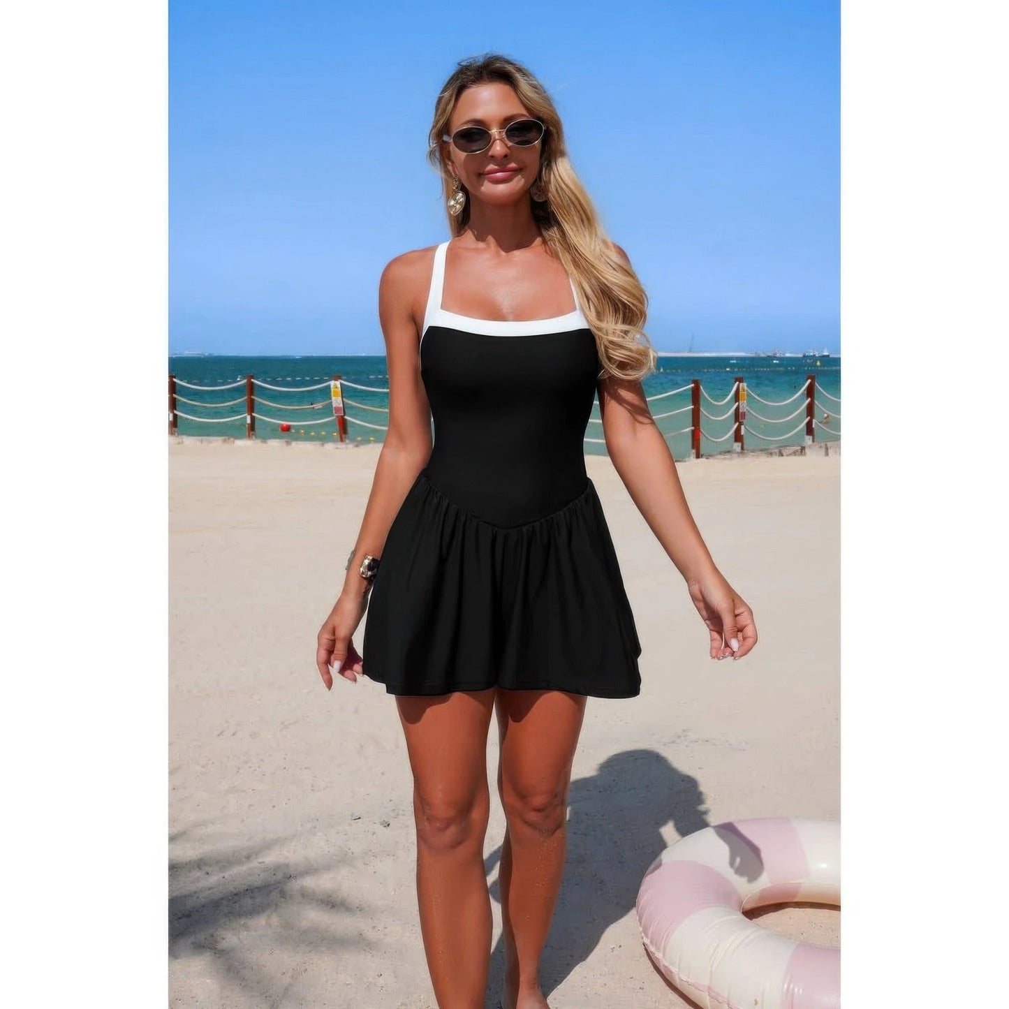 One Piece Solid Elastic Sleeveless Skirt Swimsuit