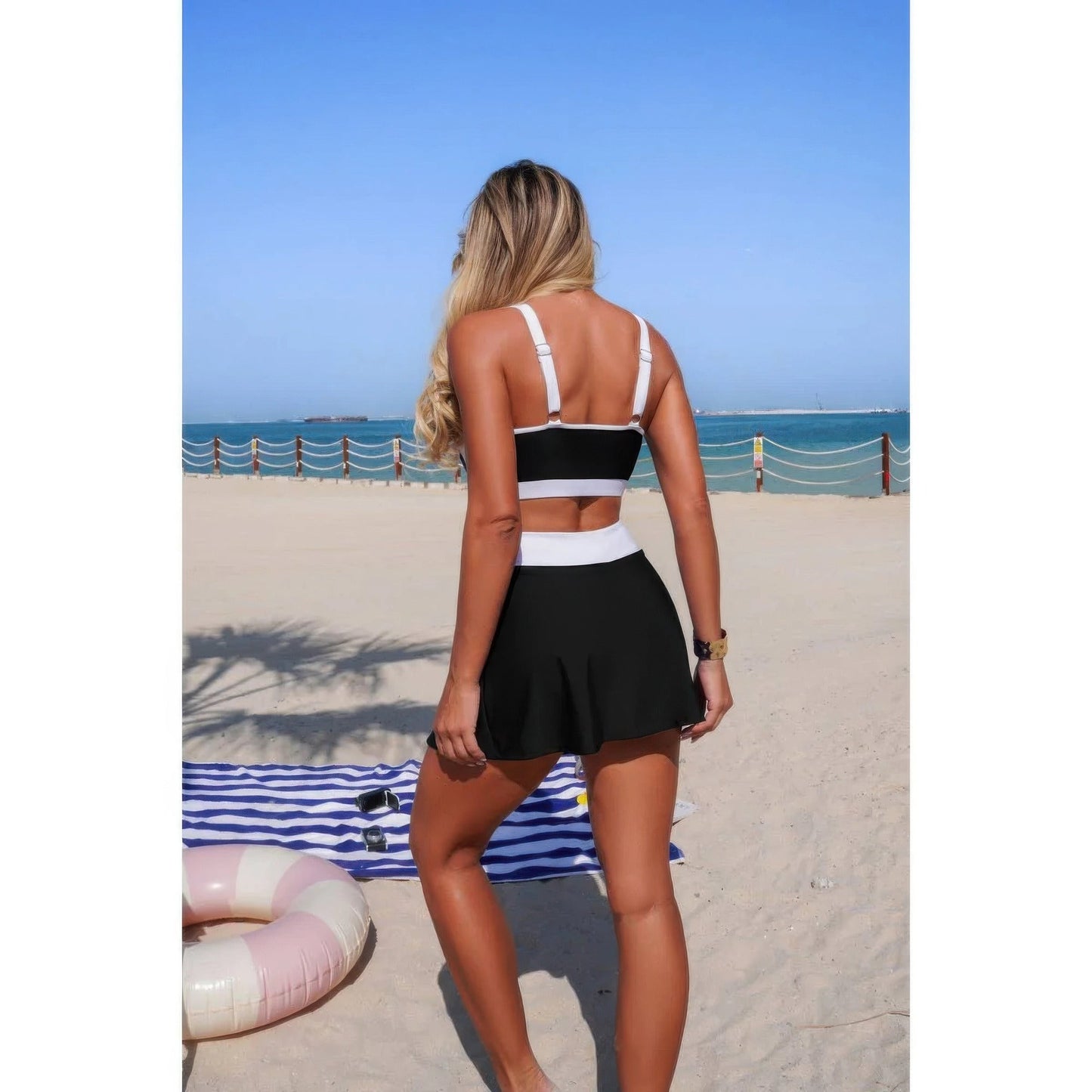 Two Piece Color Block High Waist Tie Up Bikini
