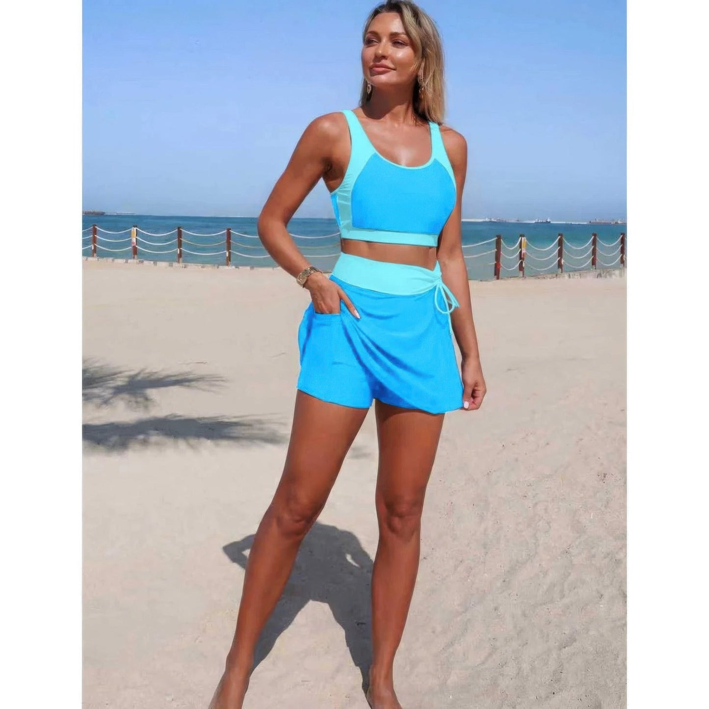 Two Piece Color Block High Waist Tie Up Bikini