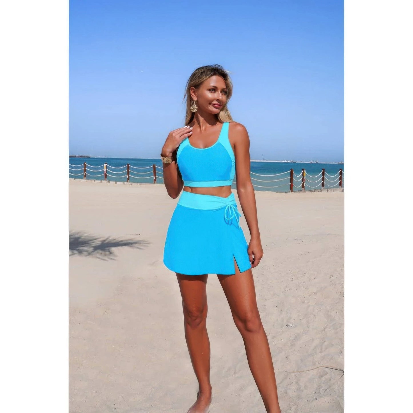 Two Piece Color Block High Waist Tie Up Bikini