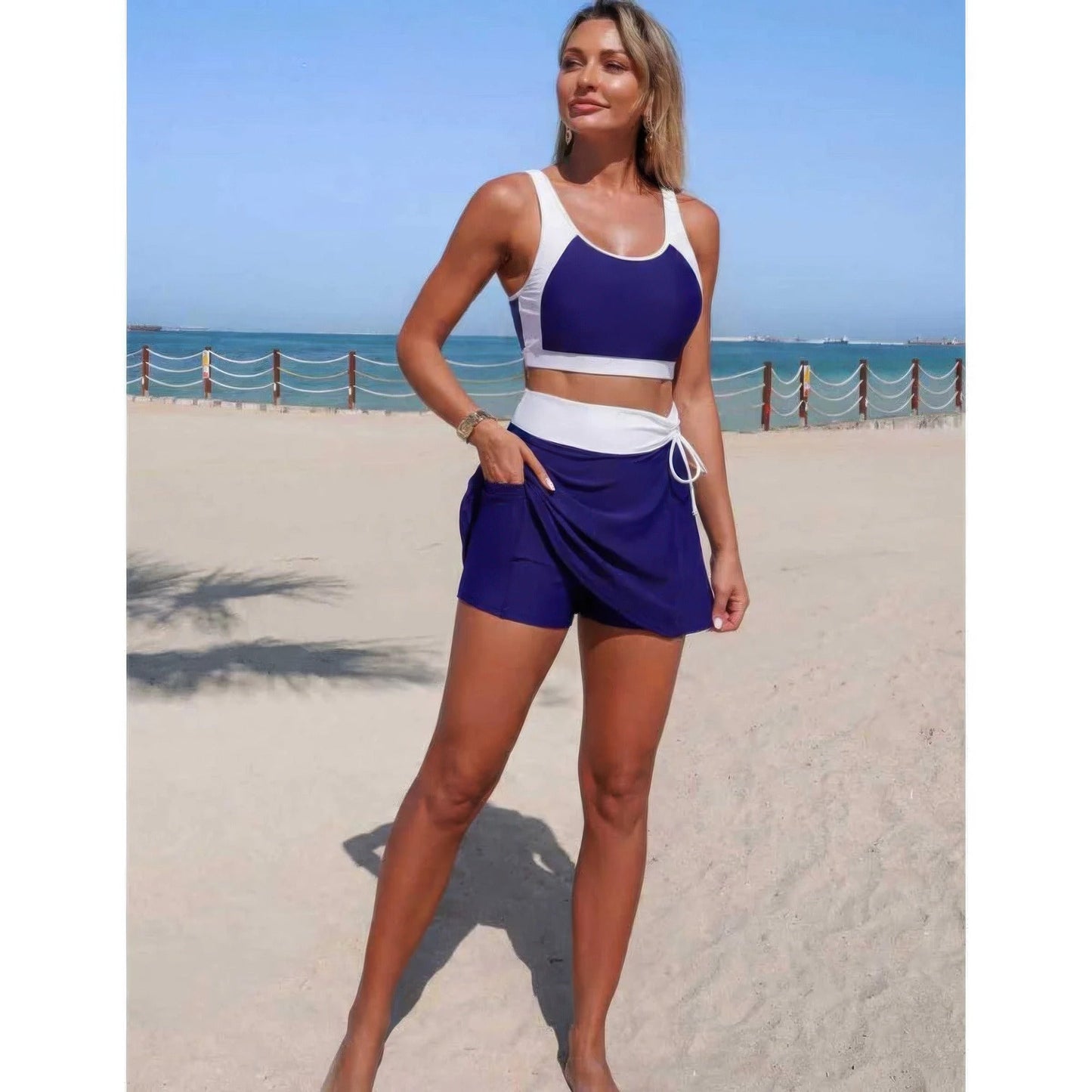 Two Piece Color Block High Waist Tie Up Bikini