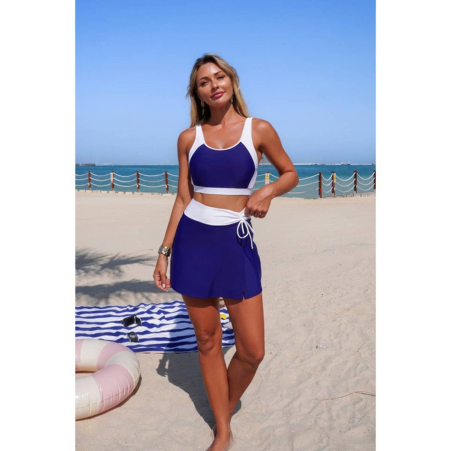 Two Piece Color Block High Waist Tie Up Bikini