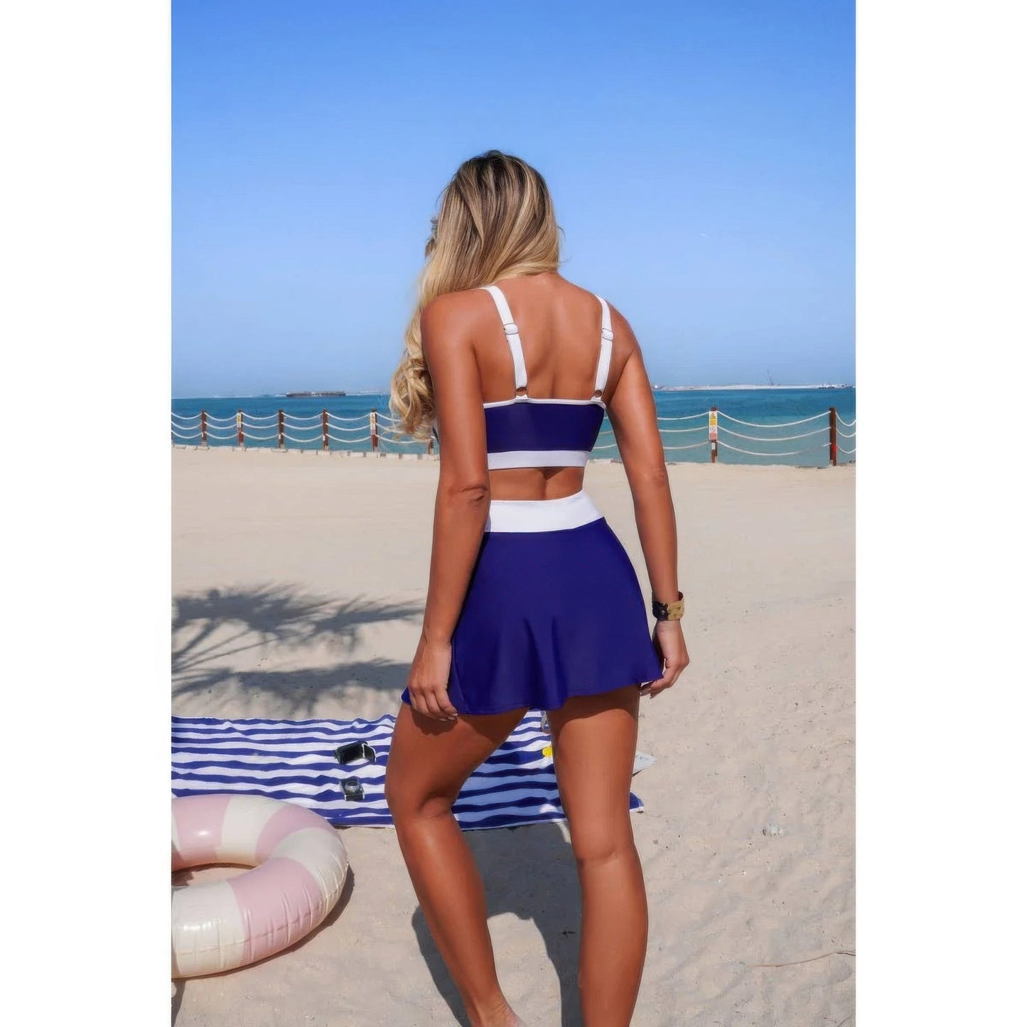Two Piece Color Block High Waist Tie Up Bikini