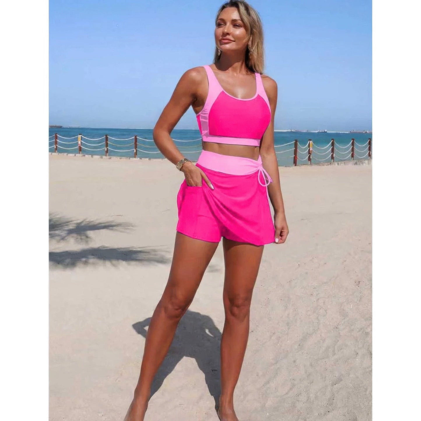 Two Piece Color Block High Waist Tie Up Bikini