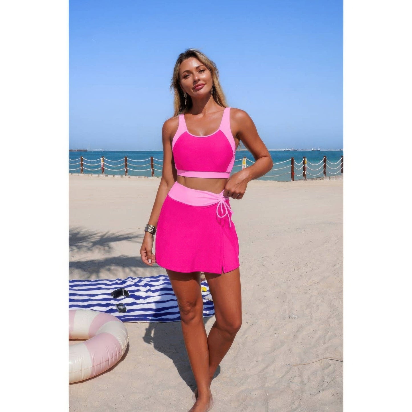 Two Piece Color Block High Waist Tie Up Bikini